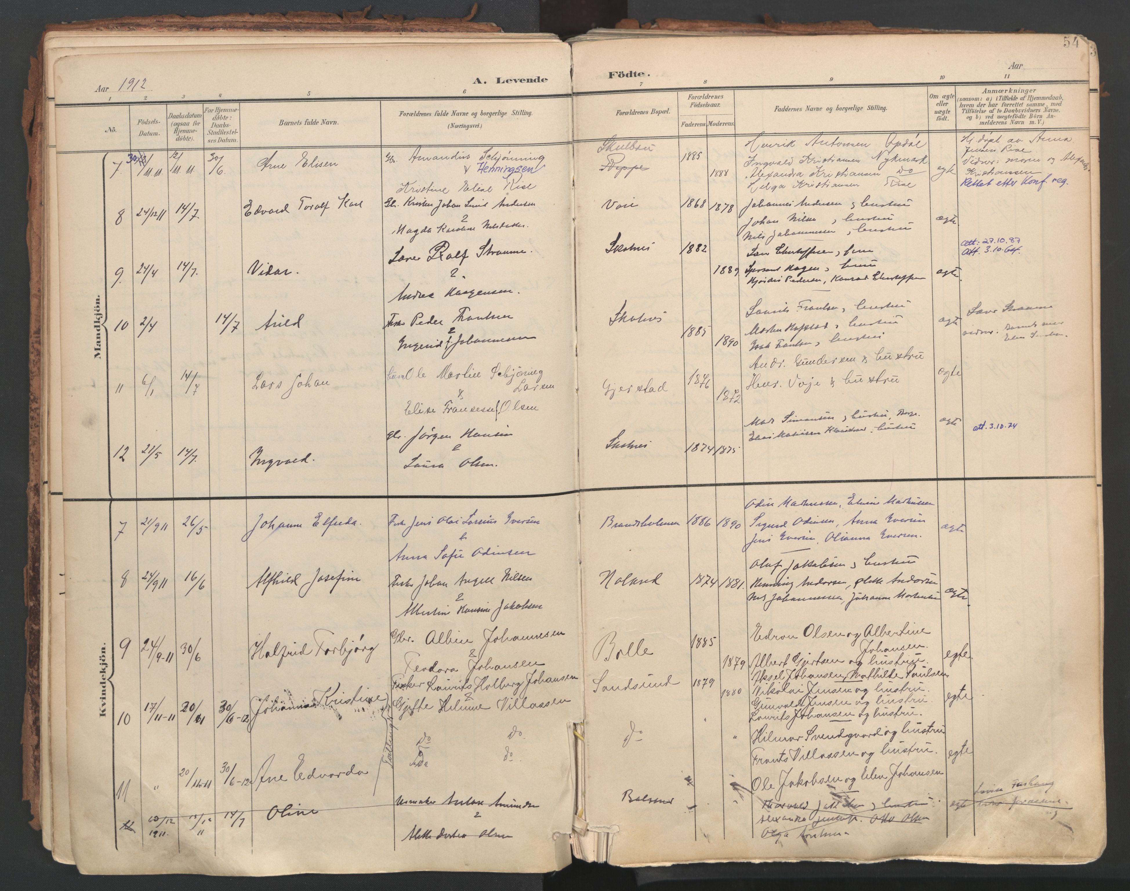 Ministerialprotokoller, klokkerbøker og fødselsregistre - Nordland, SAT/A-1459/881/L1154: Parish register (official) no. 881A07, 1907-1918, p. 54