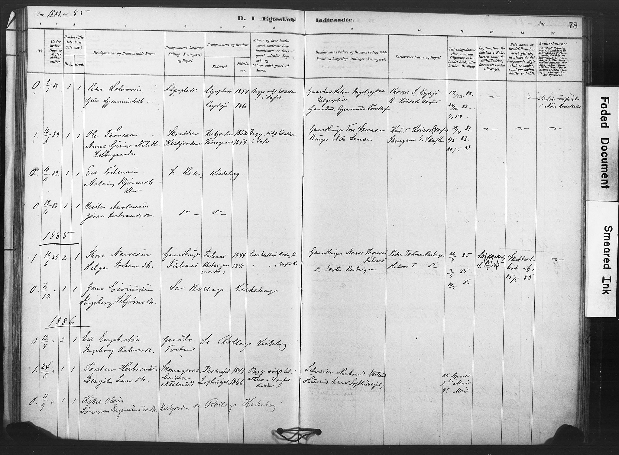 Rollag kirkebøker, AV/SAKO-A-240/F/Fb/L0001: Parish register (official) no. II 1, 1878-1899, p. 78