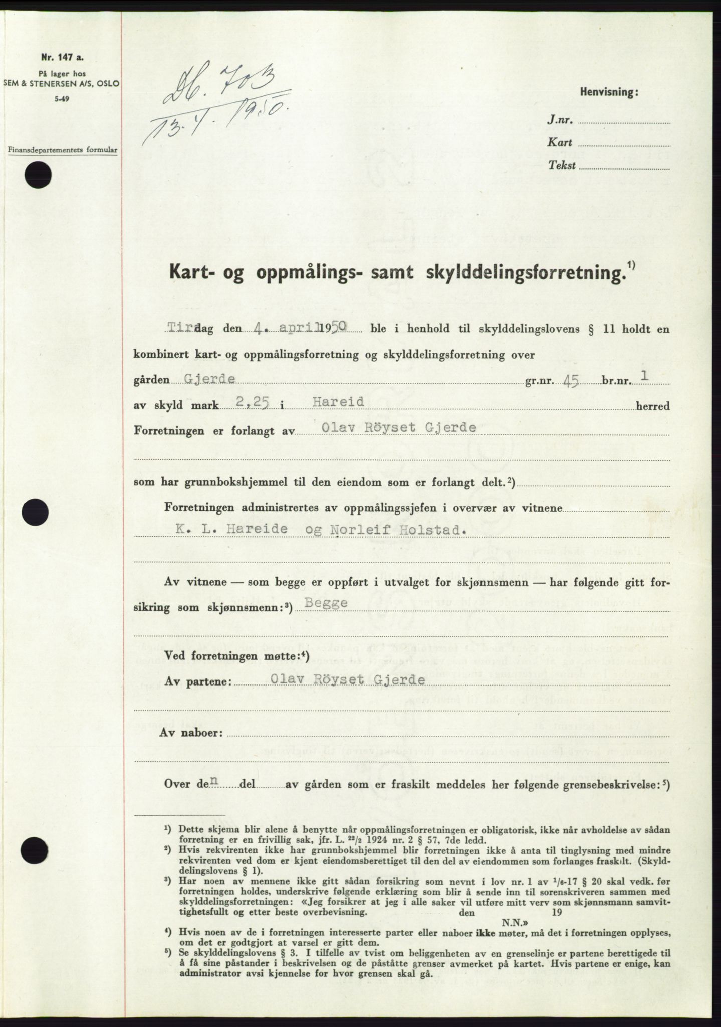 Søre Sunnmøre sorenskriveri, AV/SAT-A-4122/1/2/2C/L0086: Mortgage book no. 12A, 1949-1950, Diary no: : 703/1950