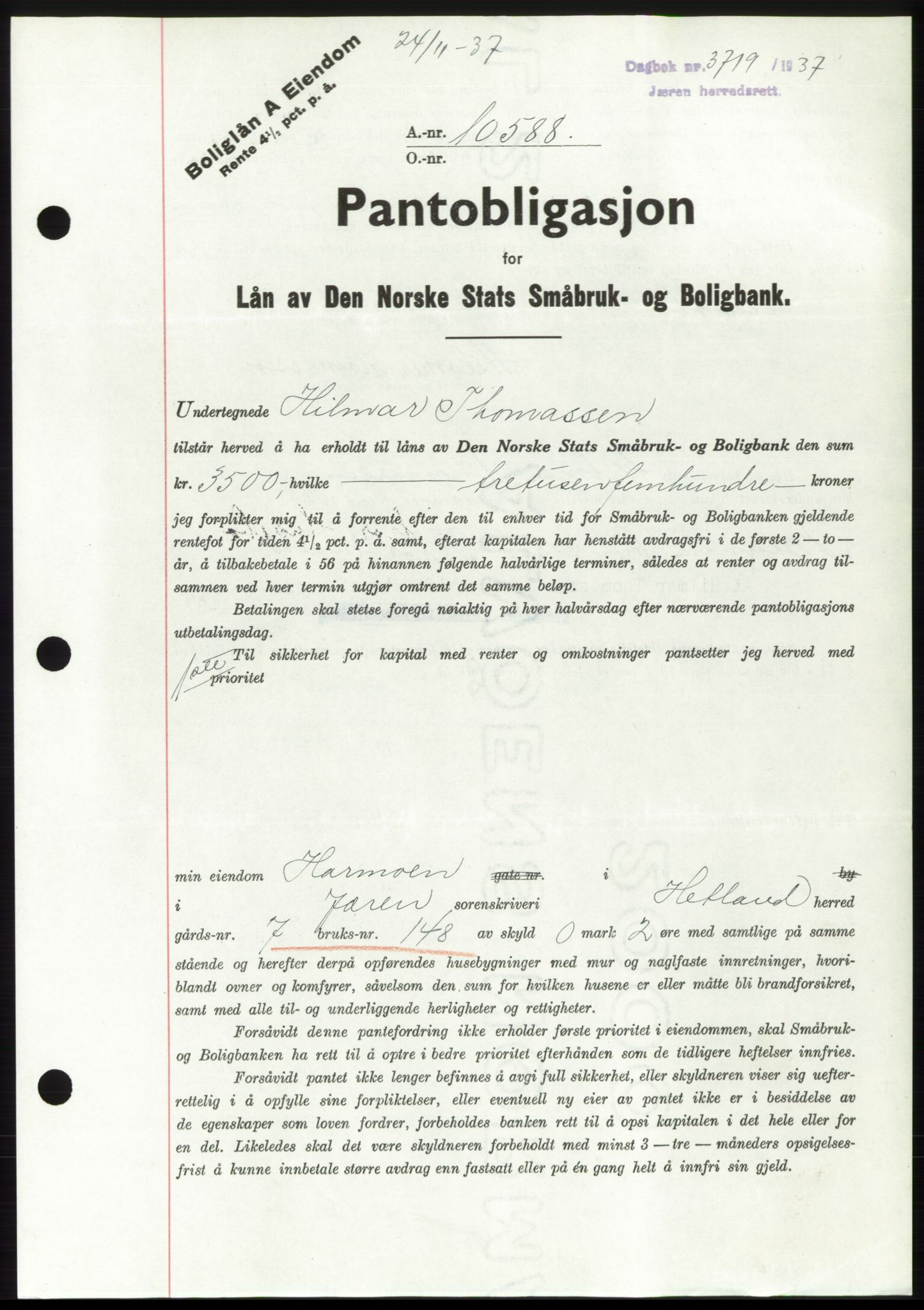 Jæren sorenskriveri, SAST/A-100310/03/G/Gba/L0069: Mortgage book, 1937-1937, Diary no: : 3719/1937