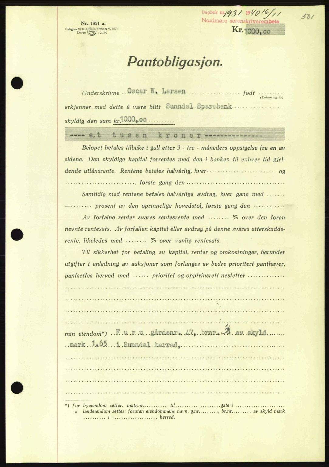 Nordmøre sorenskriveri, AV/SAT-A-4132/1/2/2Ca: Mortgage book no. B87, 1940-1941, Diary no: : 1931/1940