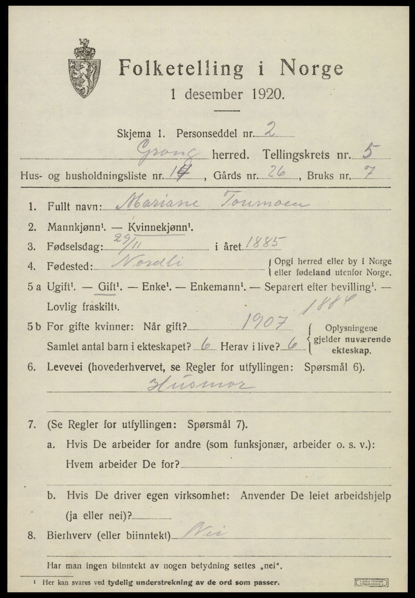 SAT, 1920 census for Grong, 1920, p. 3451