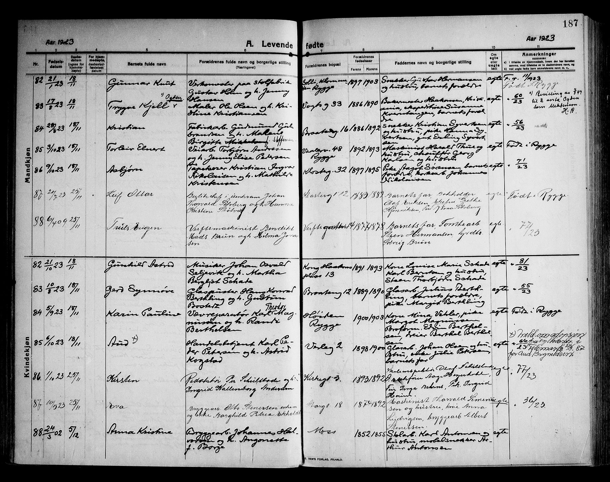 Moss prestekontor Kirkebøker, AV/SAO-A-2003/F/Fb/L0005: Parish register (official) no. II 5, 1913-1923, p. 187