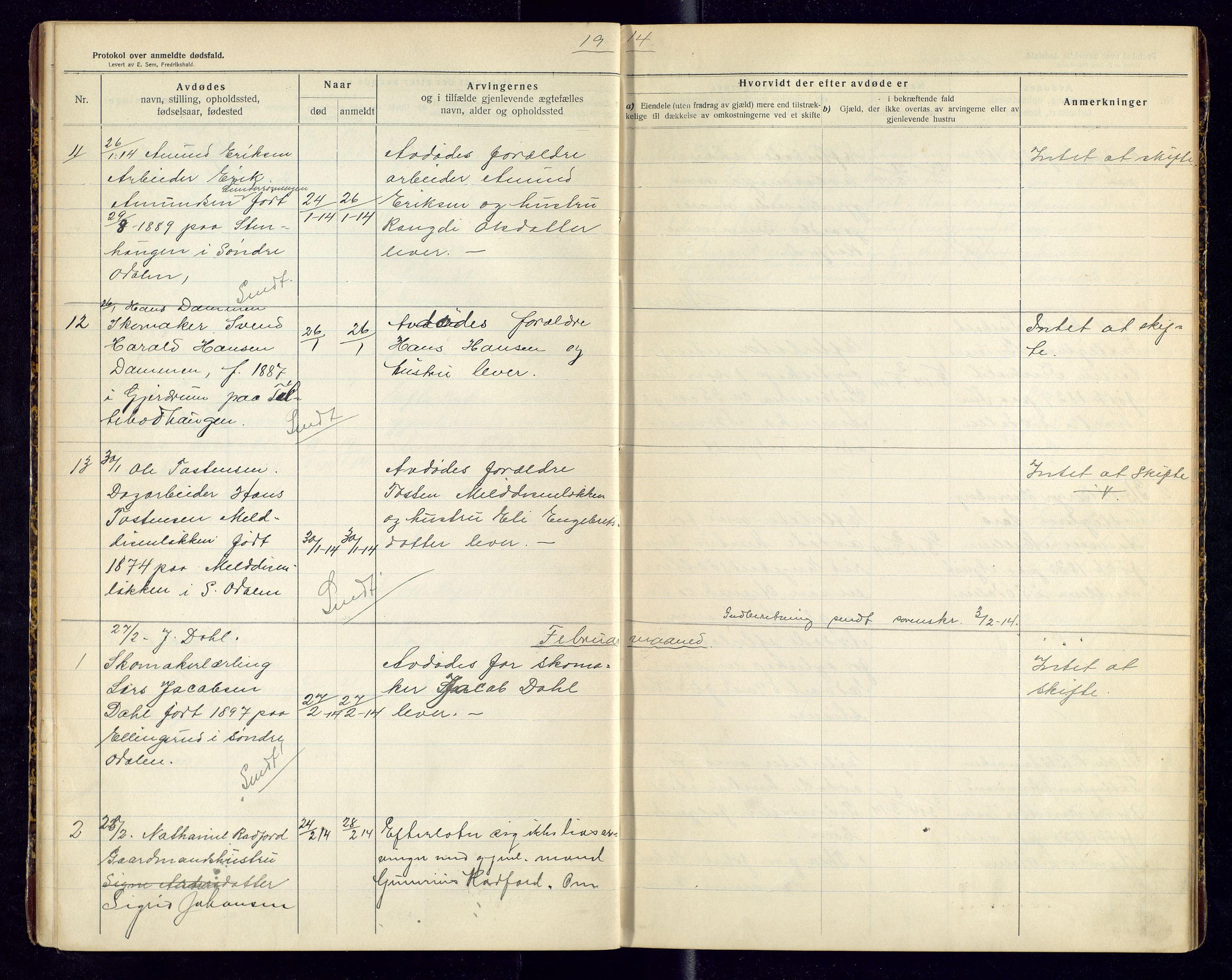 Sør-Odal lensmannskontor, SAH/LHS-022/H/Hb/L0002/0001: Protokoller over anmeldte dødsfall / Protokoll over anmeldte dødsfall, 1913-1915