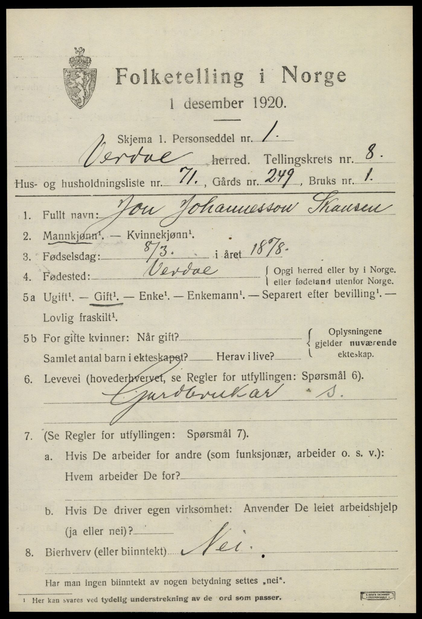 SAT, 1920 census for Verdal, 1920, p. 11089