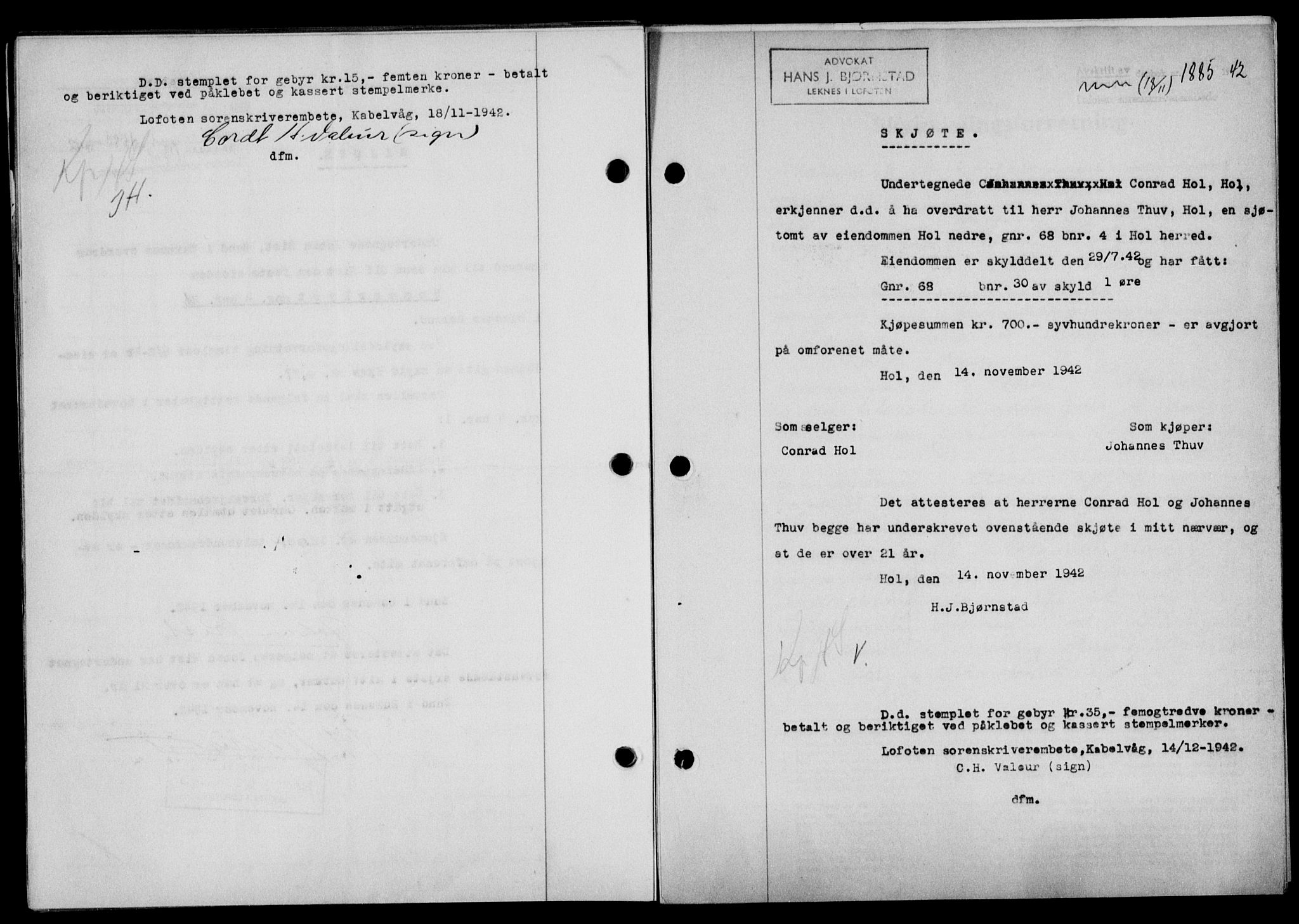 Lofoten sorenskriveri, SAT/A-0017/1/2/2C/L0010a: Mortgage book no. 10a, 1942-1943, Diary no: : 1885/1942