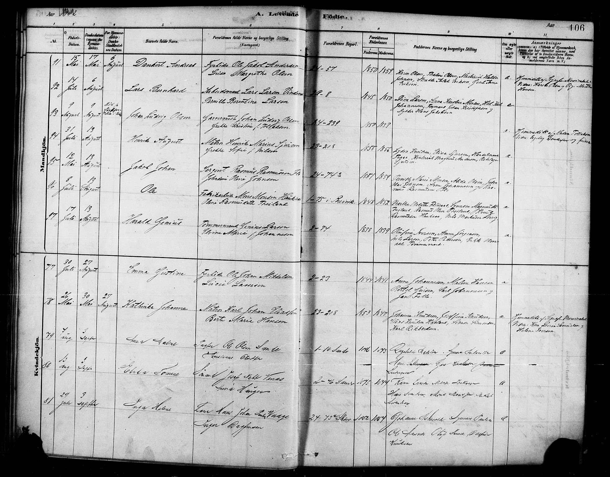 Sandviken Sokneprestembete, AV/SAB-A-77601/H/Ha/L0004: Parish register (official) no. B 1, 1878-1891, p. 106