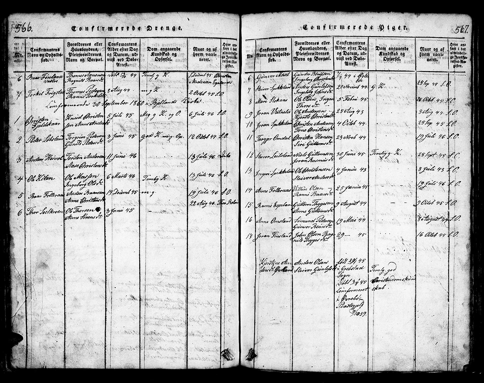 Bjelland sokneprestkontor, SAK/1111-0005/F/Fb/Fbb/L0003: Parish register (copy) no. B 3, 1816-1868, p. 566-567
