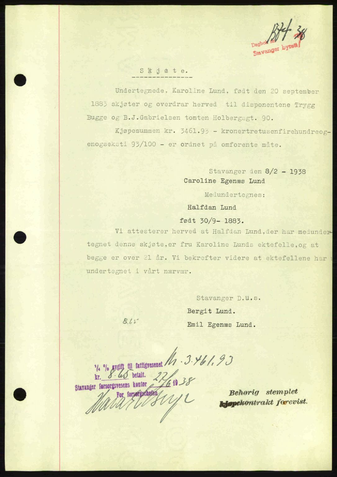 Stavanger byrett, SAST/A-100455/002/G/Gb/L0013: Mortgage book no. A3, 1937-1938, Diary no: : 1584/1938