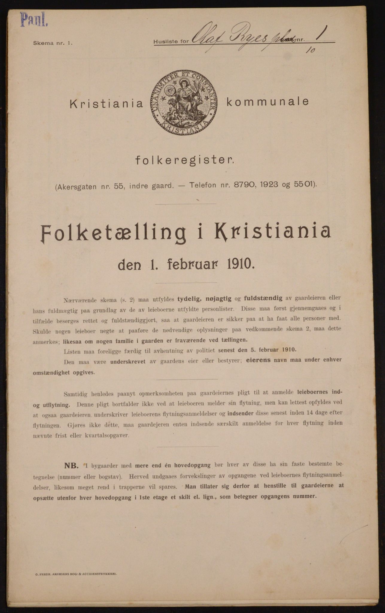 OBA, Municipal Census 1910 for Kristiania, 1910, p. 72292
