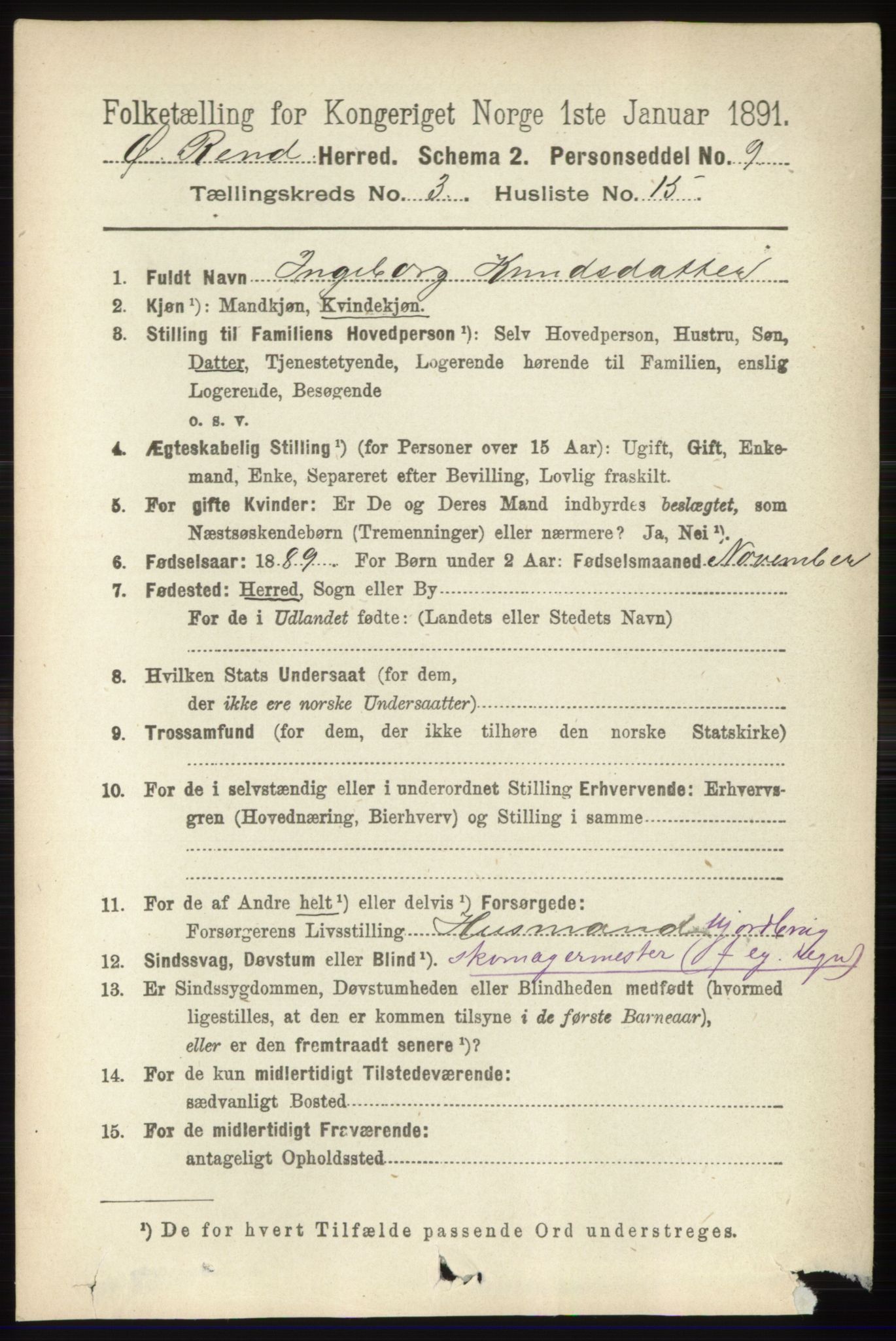 RA, 1891 census for 0433 Øvre Rendal, 1891, p. 922