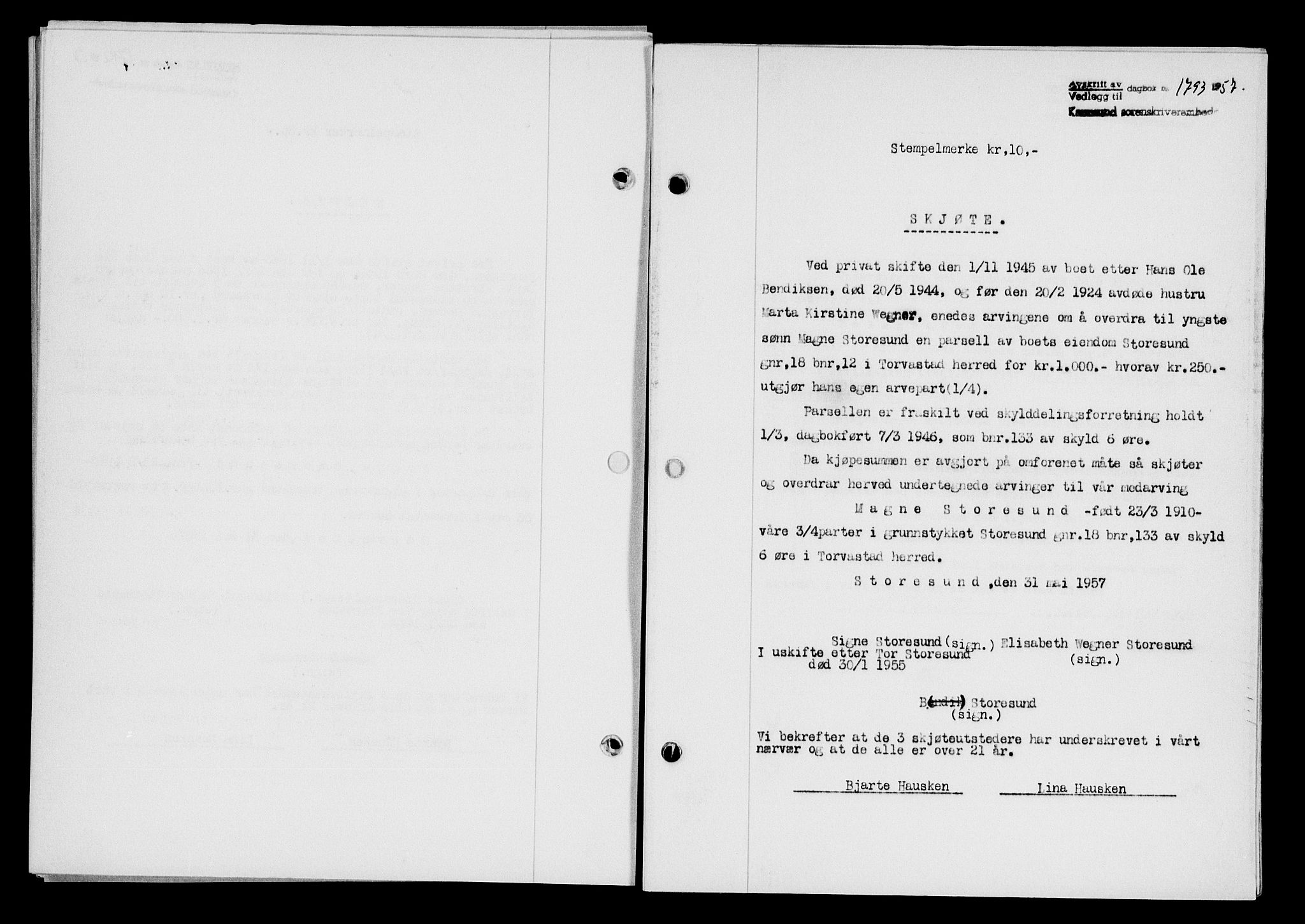 Karmsund sorenskriveri, AV/SAST-A-100311/01/II/IIB/L0125: Mortgage book no. 105A, 1957-1957, Diary no: : 1793/1957