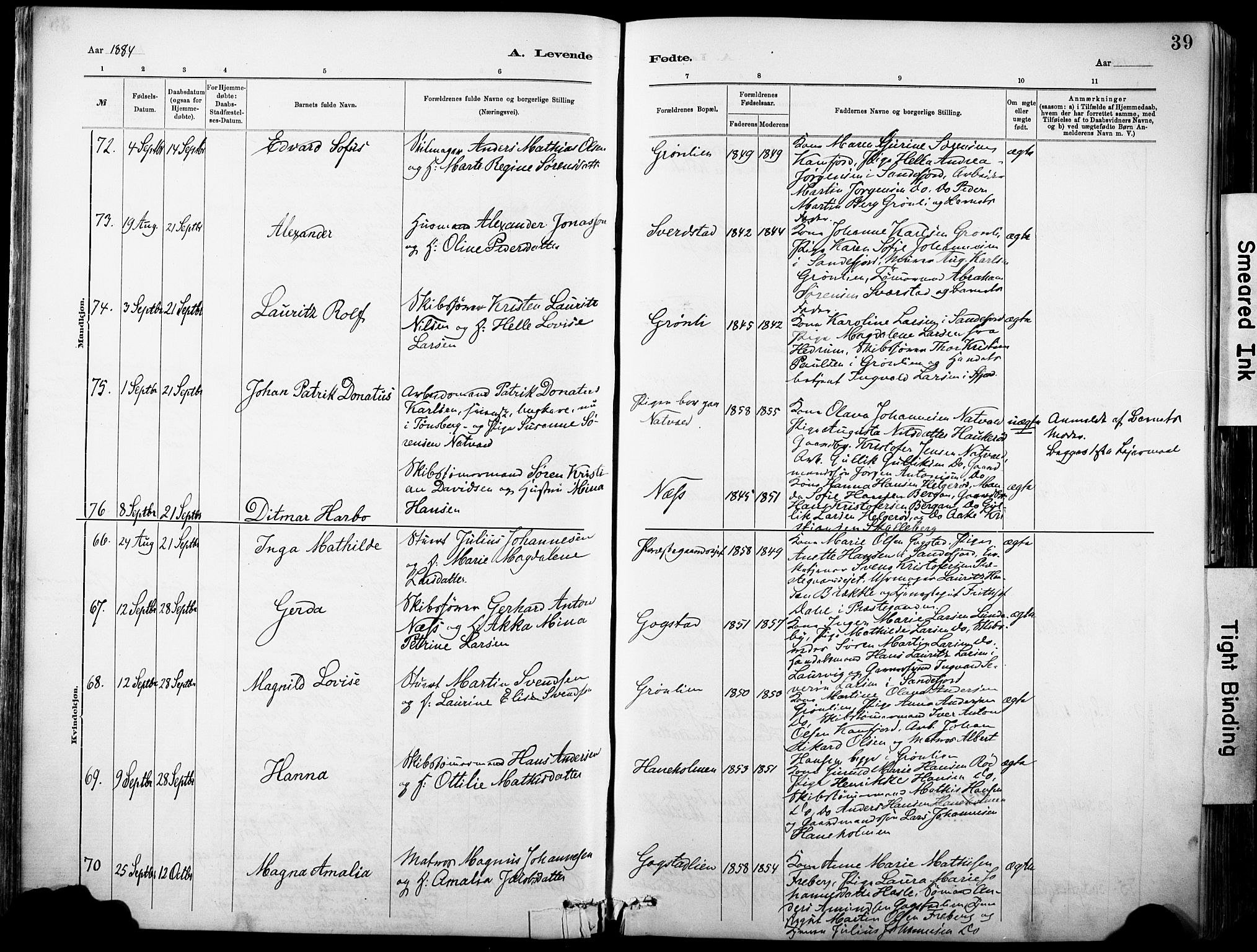 Sandar kirkebøker, SAKO/A-243/F/Fa/L0012: Parish register (official) no. 12, 1883-1895, p. 39