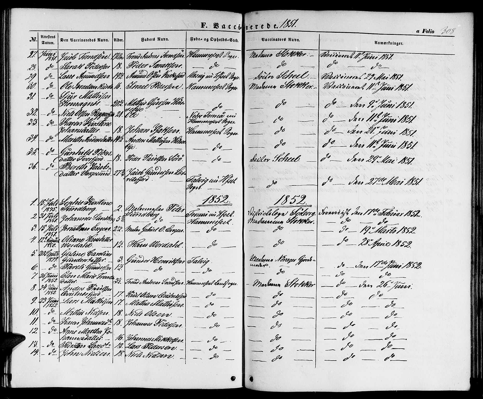 Hammerfest sokneprestkontor, SATØ/S-1347/H/Hb/L0002.klokk: Parish register (copy) no. 2, 1851-1861, p. 308