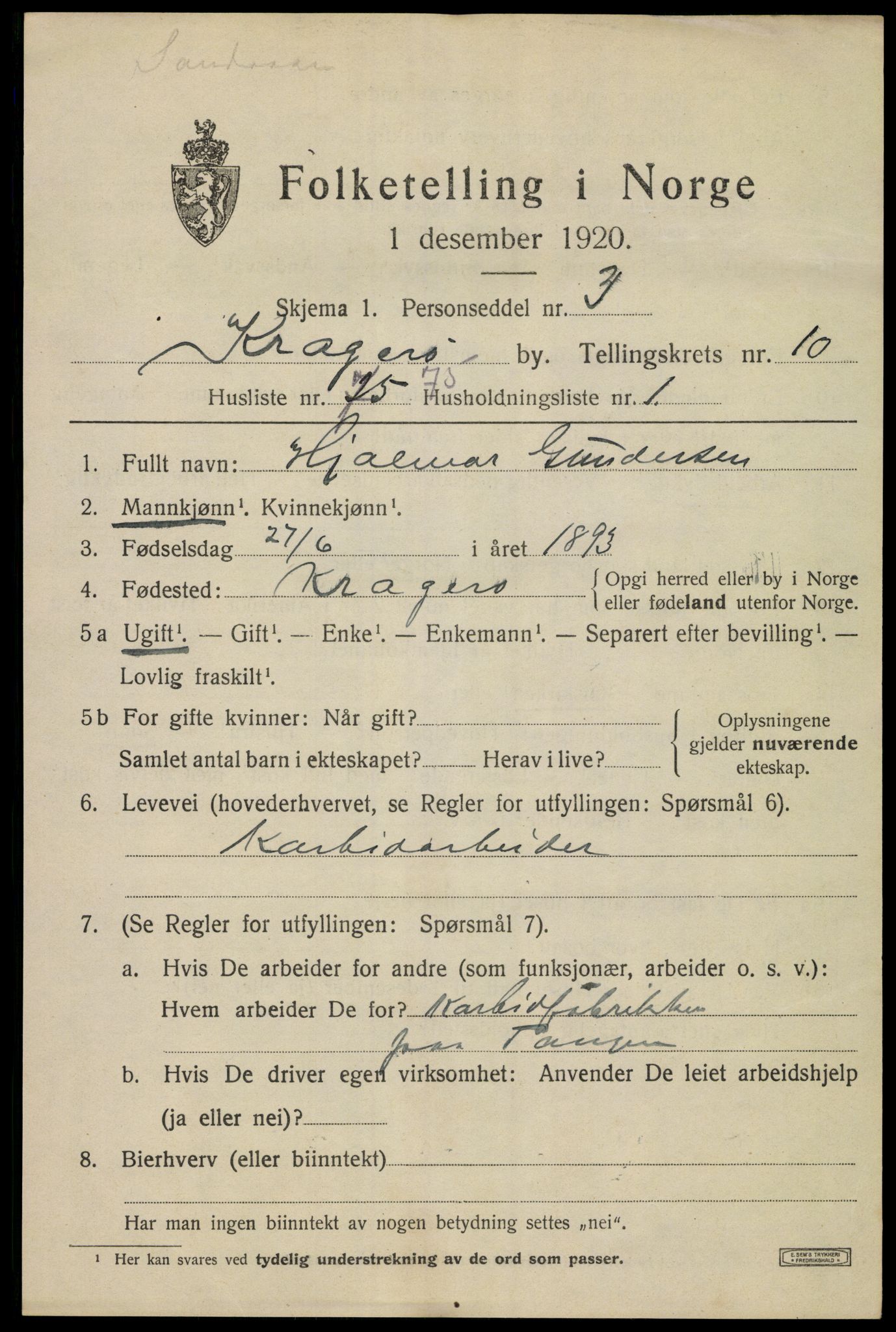 SAKO, 1920 census for Kragerø, 1920, p. 13891