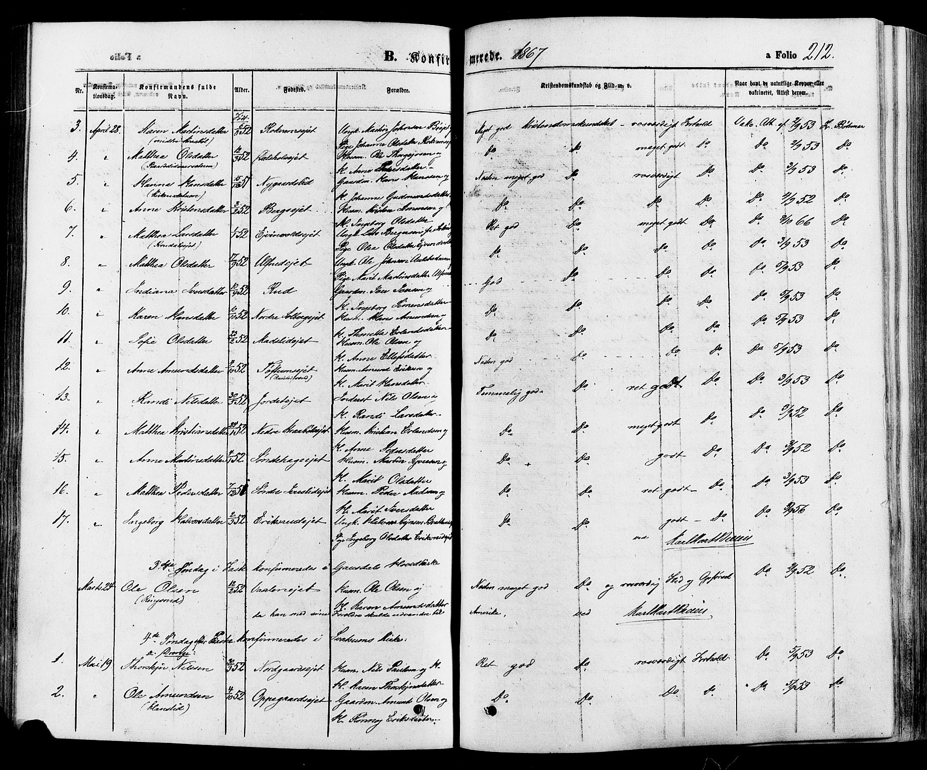 Gausdal prestekontor, SAH/PREST-090/H/Ha/Haa/L0010: Parish register (official) no. 10, 1867-1886, p. 212