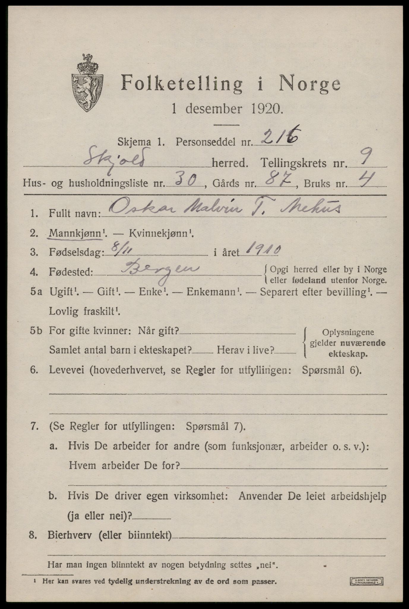 SAST, 1920 census for Skjold, 1920, p. 4826