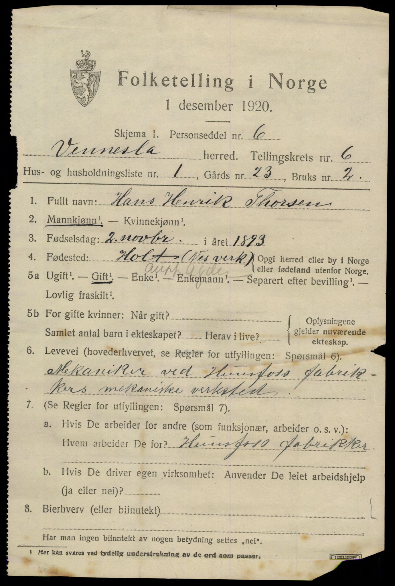 SAK, 1920 census for Vennesla, 1920, p. 4312