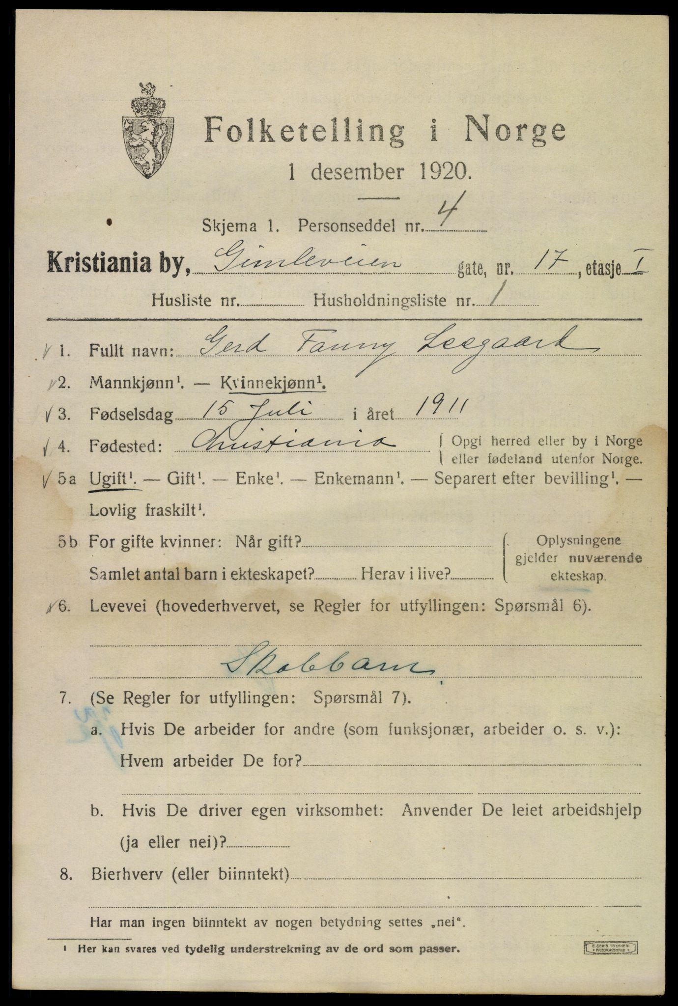 SAO, 1920 census for Kristiania, 1920, p. 247491