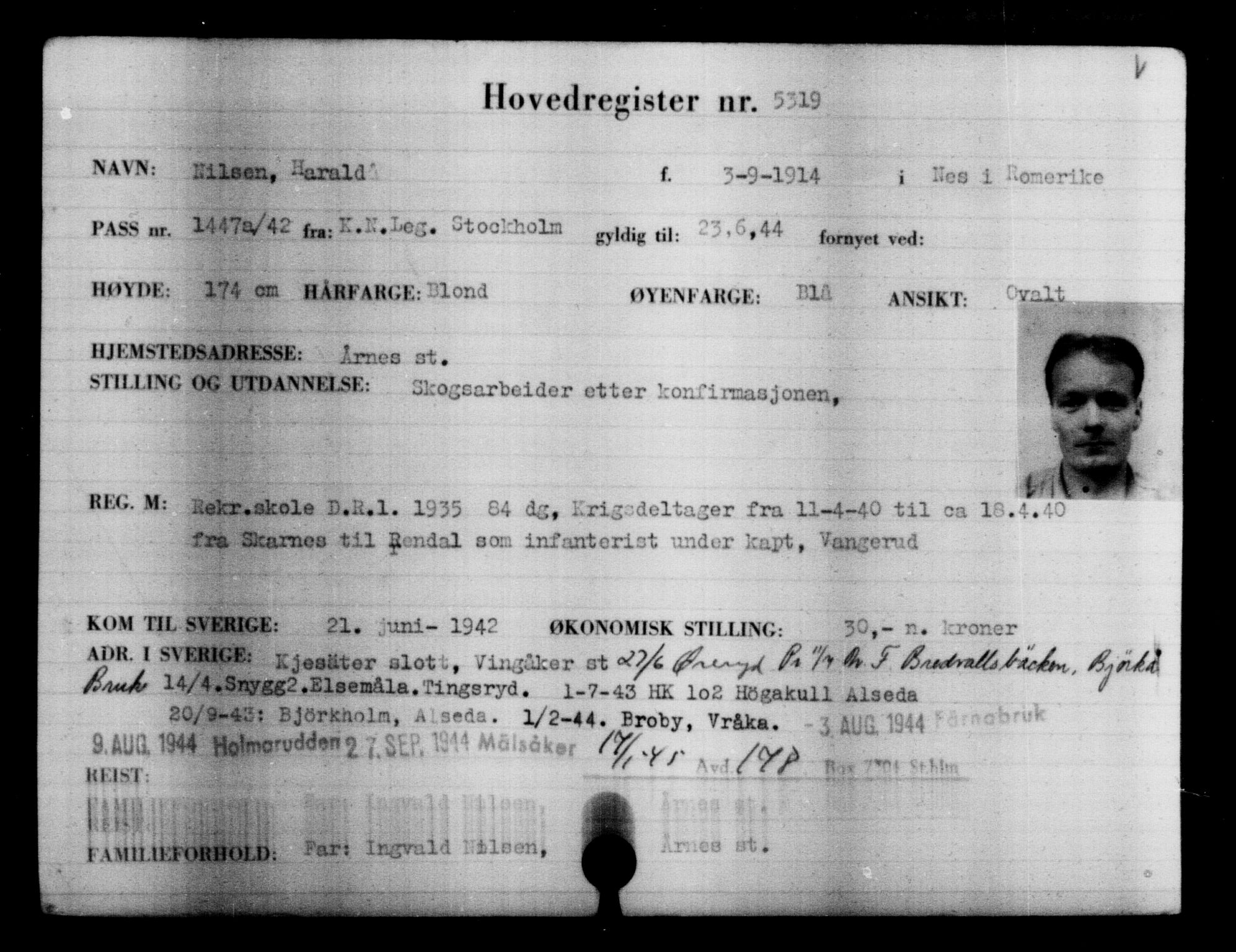 Utenriksstasjonene, Legasjonen i Stockholm, Flyktningkontoret, AV/RA-S-6753/V/Va/L0004: Kjesäterkartoteket, flyktninger med registreringsnr. 3496-6610, 1940-1945, p. 2103