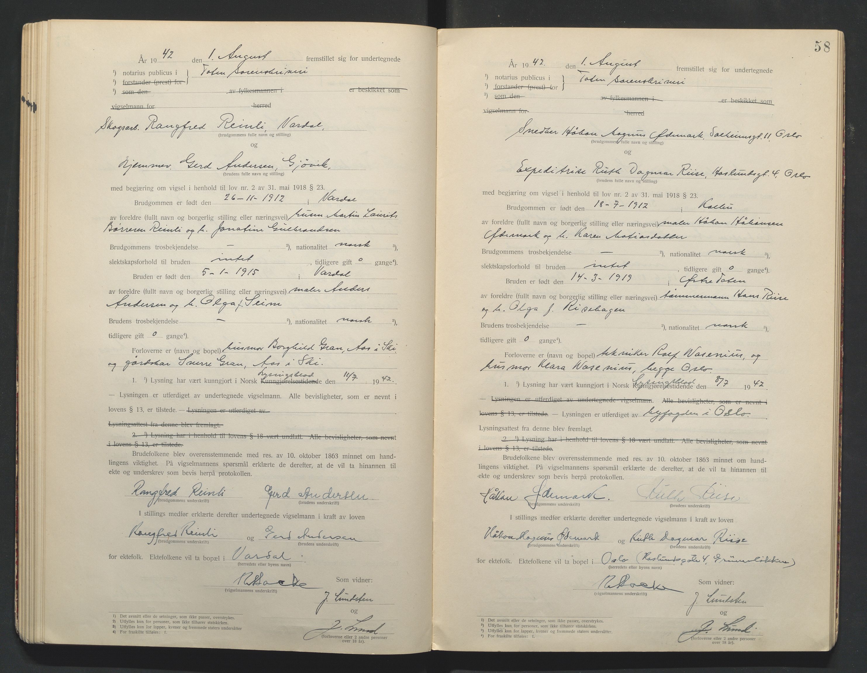 Toten tingrett, AV/SAH-TING-006/L/Lc/L0001: Vigselbok, 1920-1942, p. 58