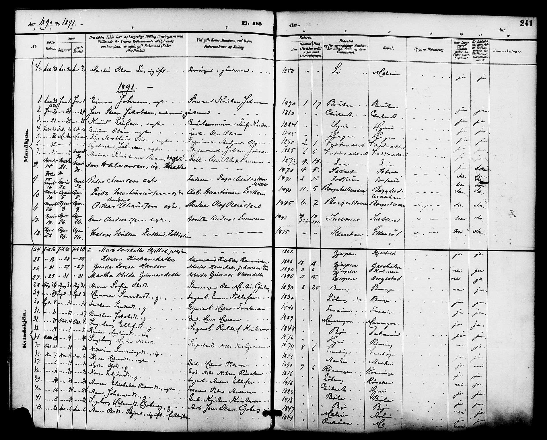 Gjerpen kirkebøker, SAKO/A-265/F/Fa/L0010: Parish register (official) no. I 10, 1886-1895, p. 241