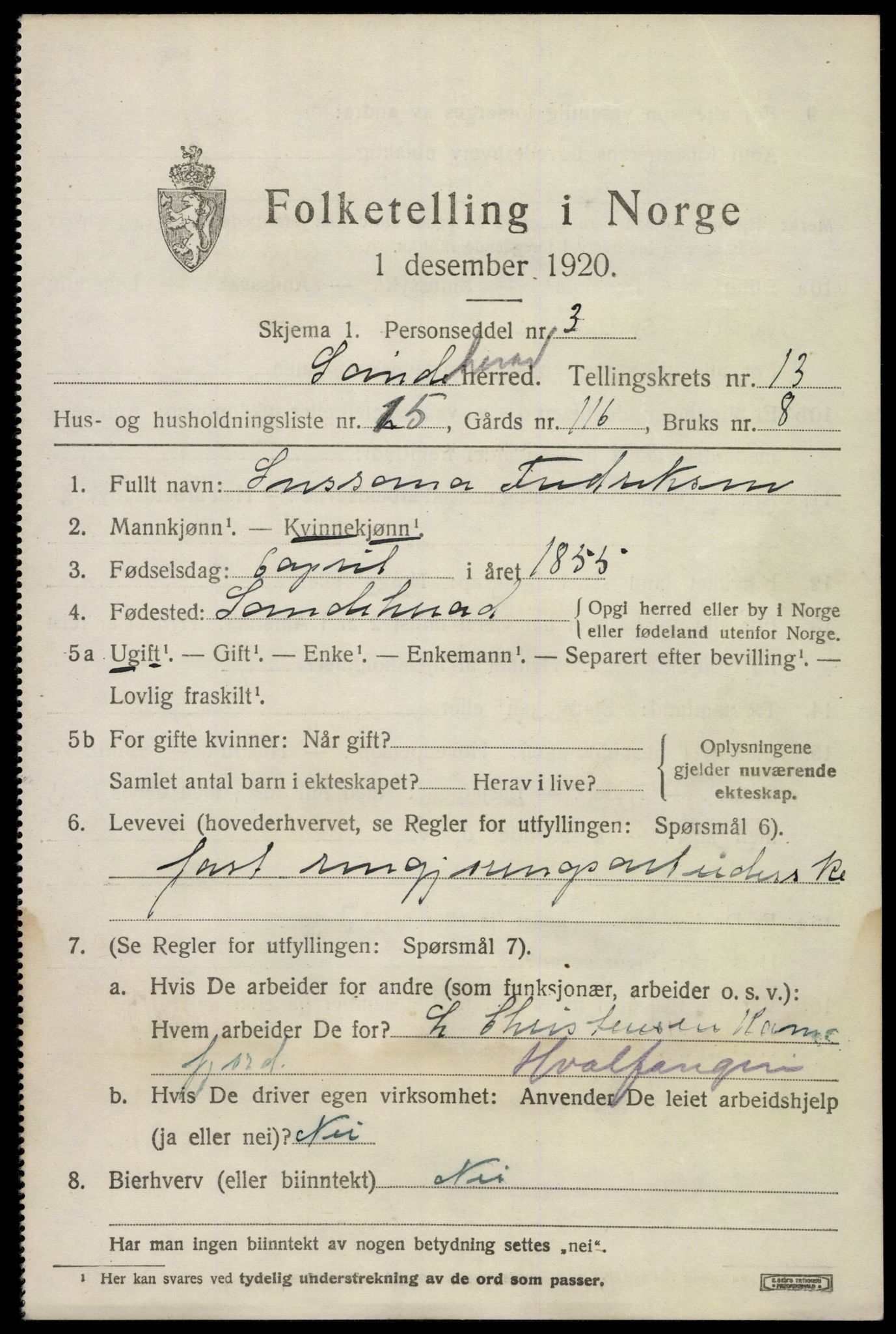 SAKO, 1920 census for Sandeherred, 1920, p. 19322
