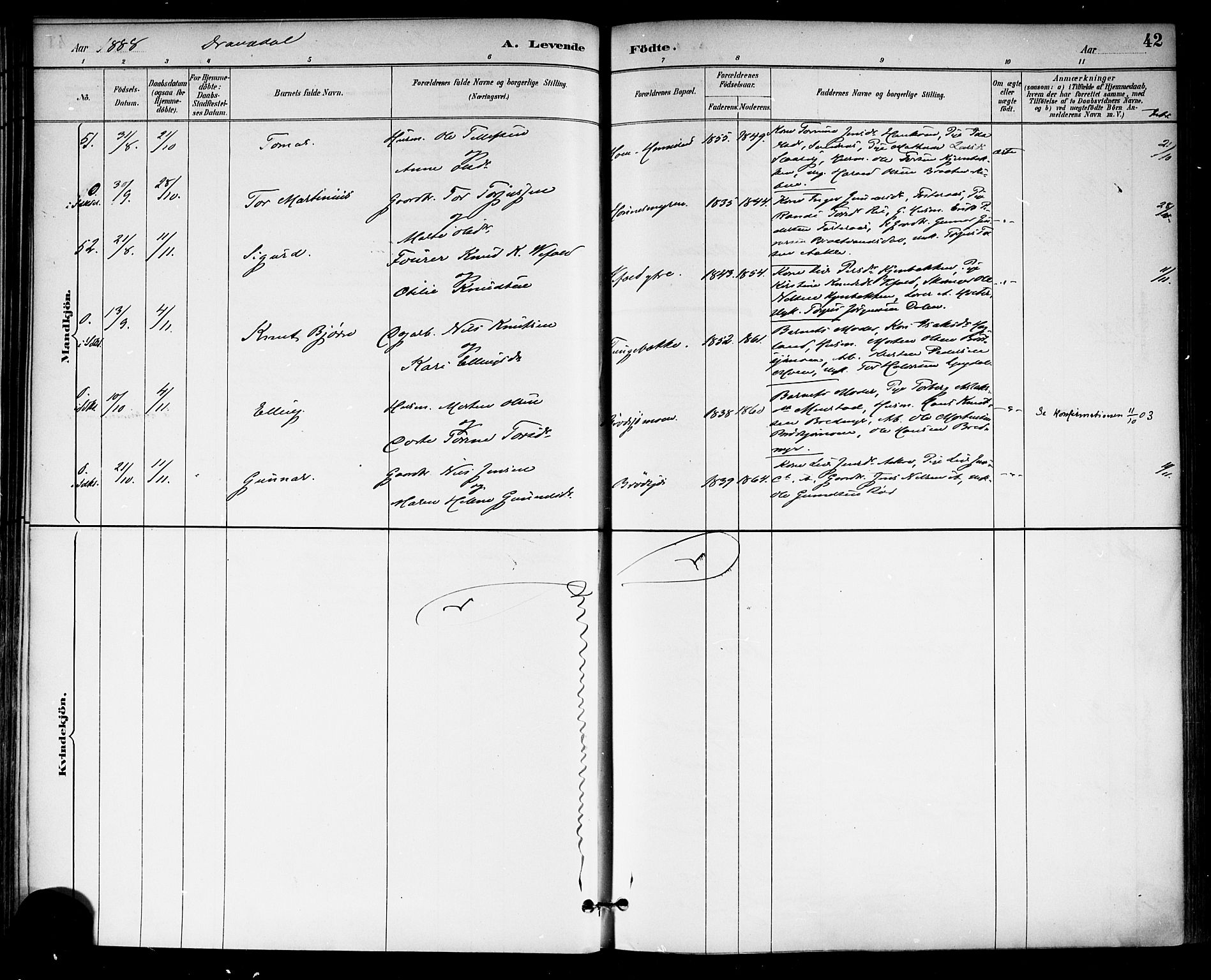 Drangedal kirkebøker, SAKO/A-258/F/Fa/L0010: Parish register (official) no. 10 /1, 1885-1894, p. 42
