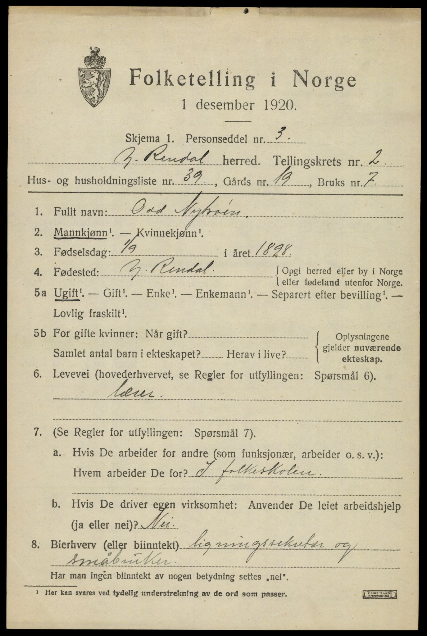 SAH, 1920 census for Ytre Rendal, 1920, p. 1593