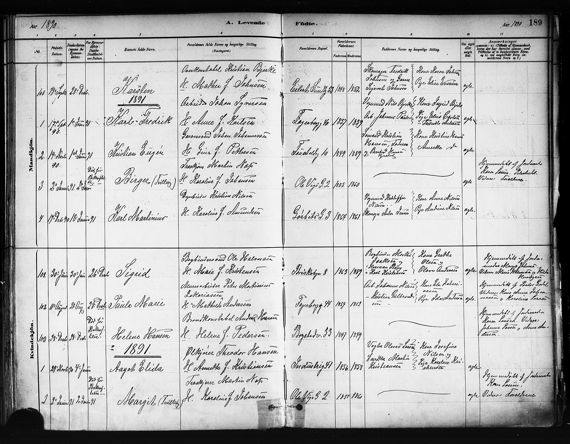 Uranienborg prestekontor Kirkebøker, AV/SAO-A-10877/F/Fa/L0001: Parish register (official) no. 1, 1880-1895, p. 189