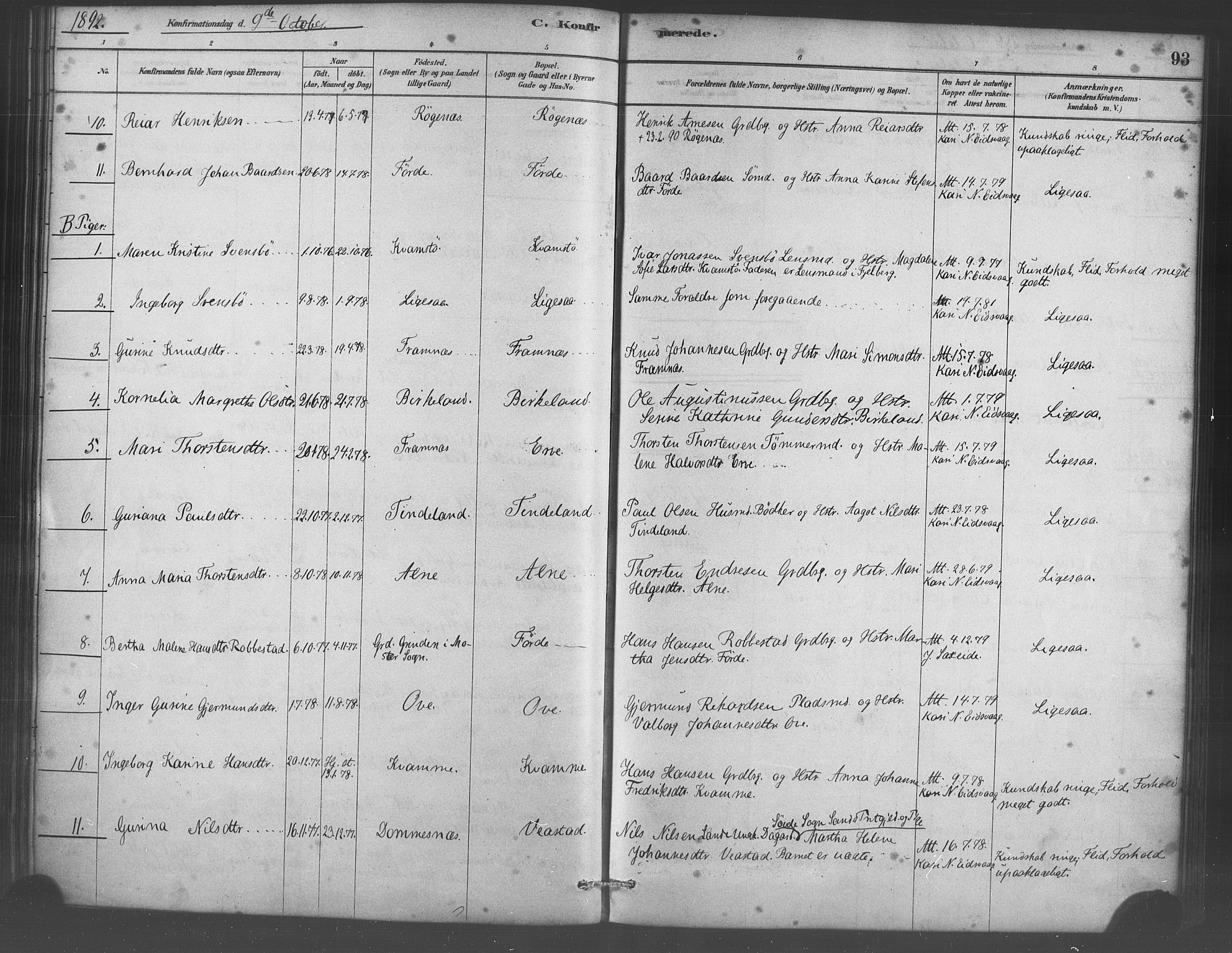Sveio Sokneprestembete, AV/SAB-A-78501/H/Haa: Parish register (official) no. D 1, 1878-1894, p. 93