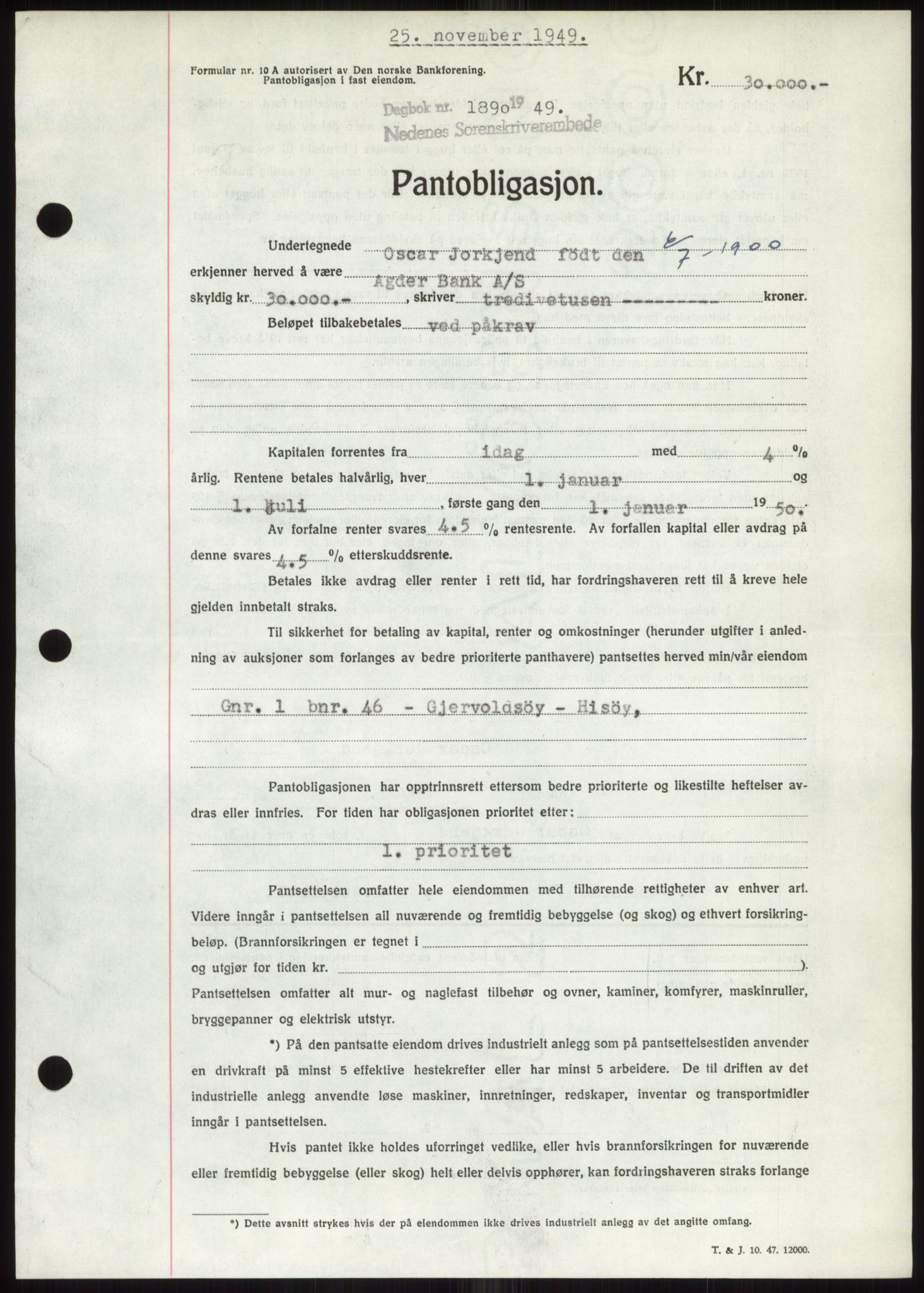 Nedenes sorenskriveri, AV/SAK-1221-0006/G/Gb/Gbb/L0007: Mortgage book no. B7, 1949-1950, Diary no: : 1890/1949