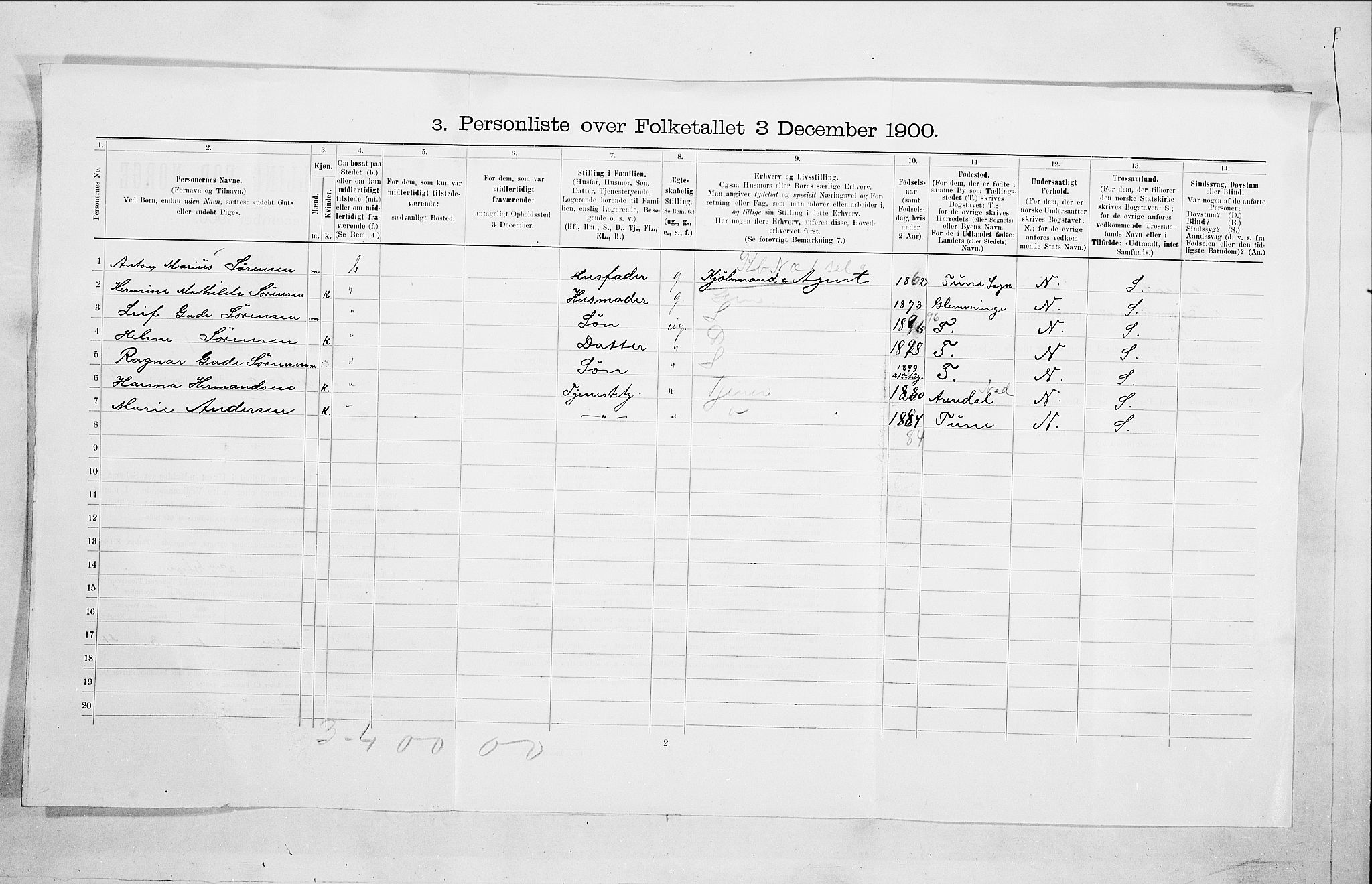 SAO, 1900 census for Sarpsborg, 1900