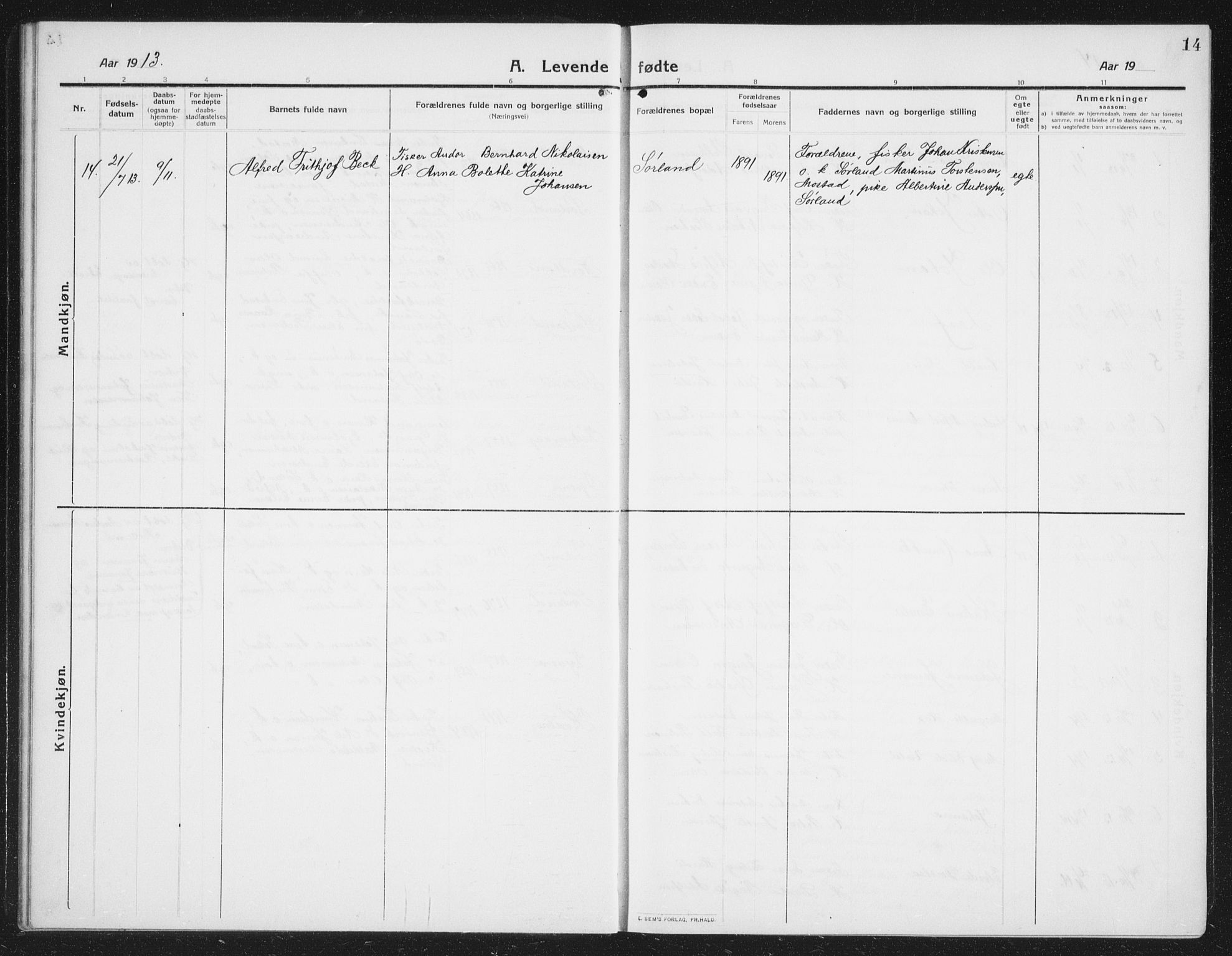 Ministerialprotokoller, klokkerbøker og fødselsregistre - Nordland, AV/SAT-A-1459/807/L0124: Parish register (copy) no. 807C02, 1910-1935, p. 14