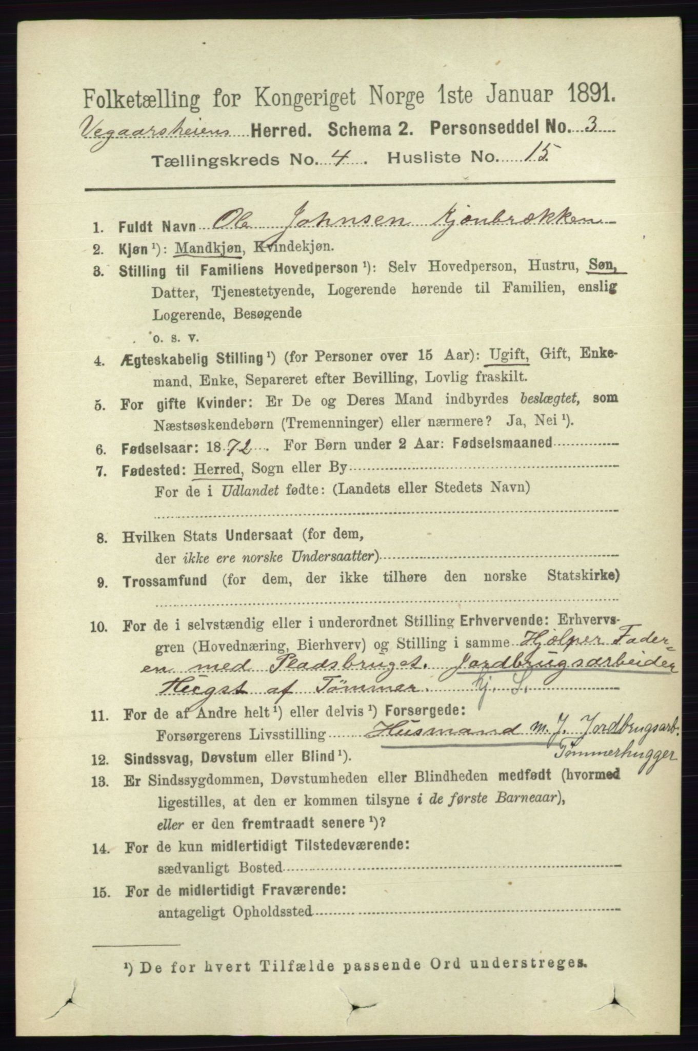 RA, 1891 census for 0912 Vegårshei, 1891, p. 867