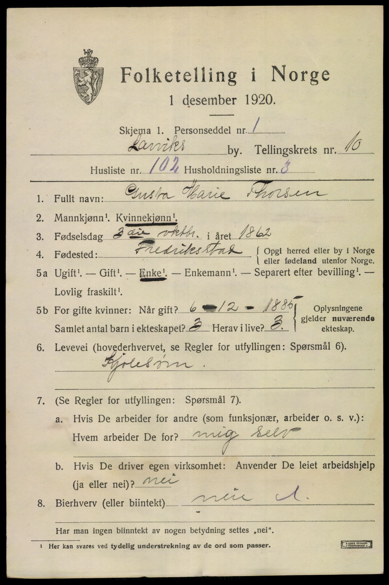 SAKO, 1920 census for Larvik, 1920, p. 28416