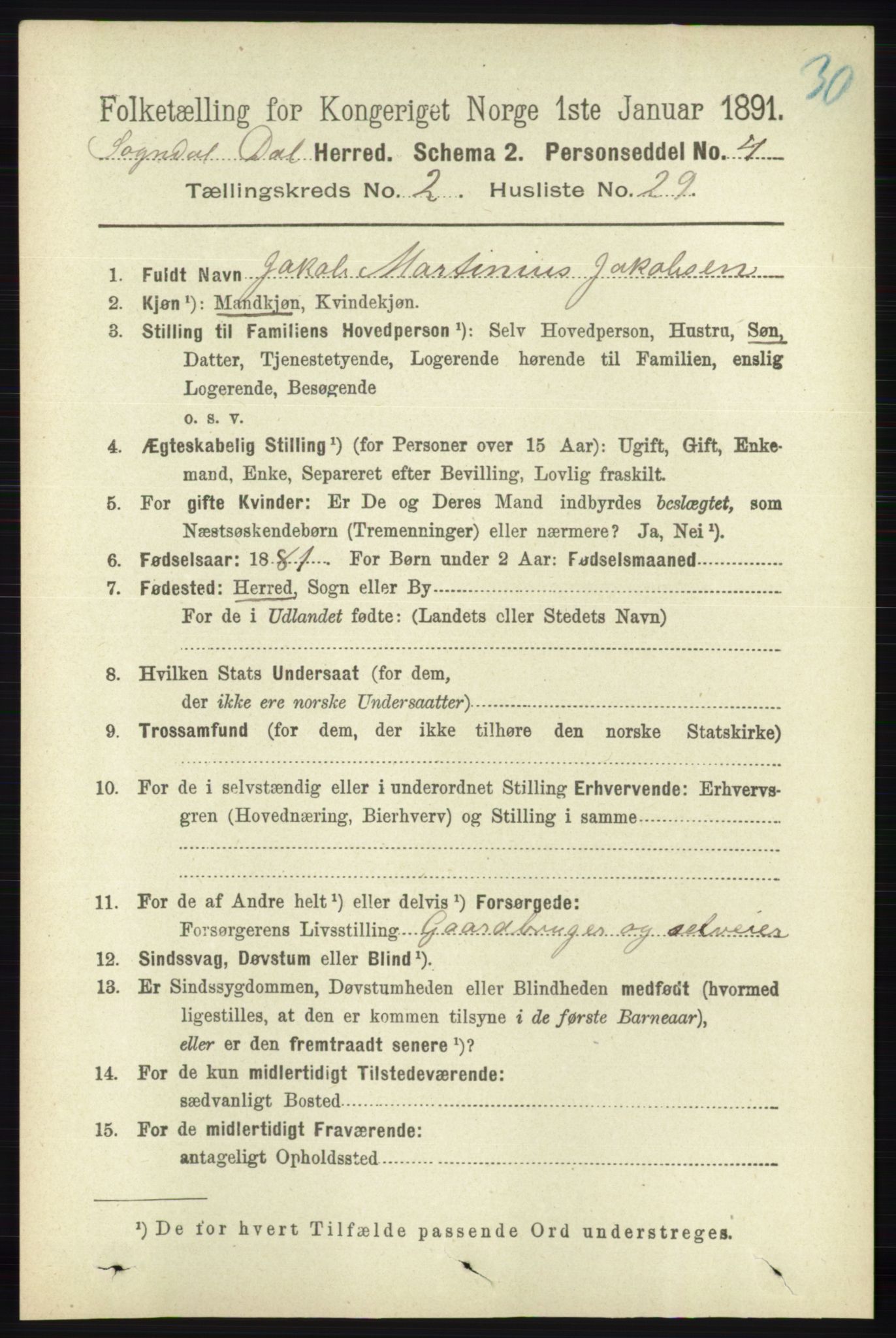 RA, 1891 census for 1111 Sokndal, 1891, p. 646