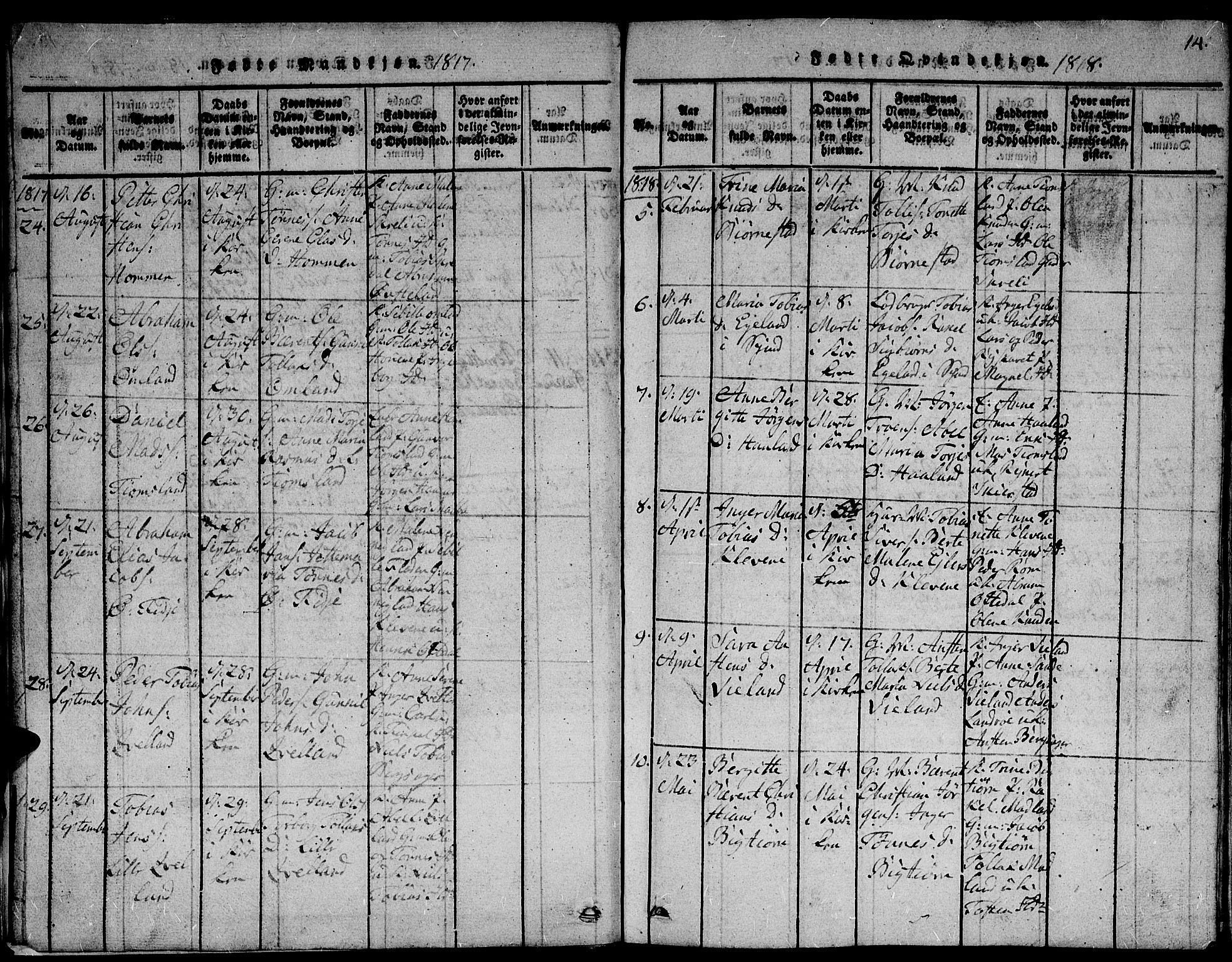 Lyngdal sokneprestkontor, AV/SAK-1111-0029/F/Fb/Fbc/L0001: Parish register (copy) no. B 1, 1815-1844, p. 14