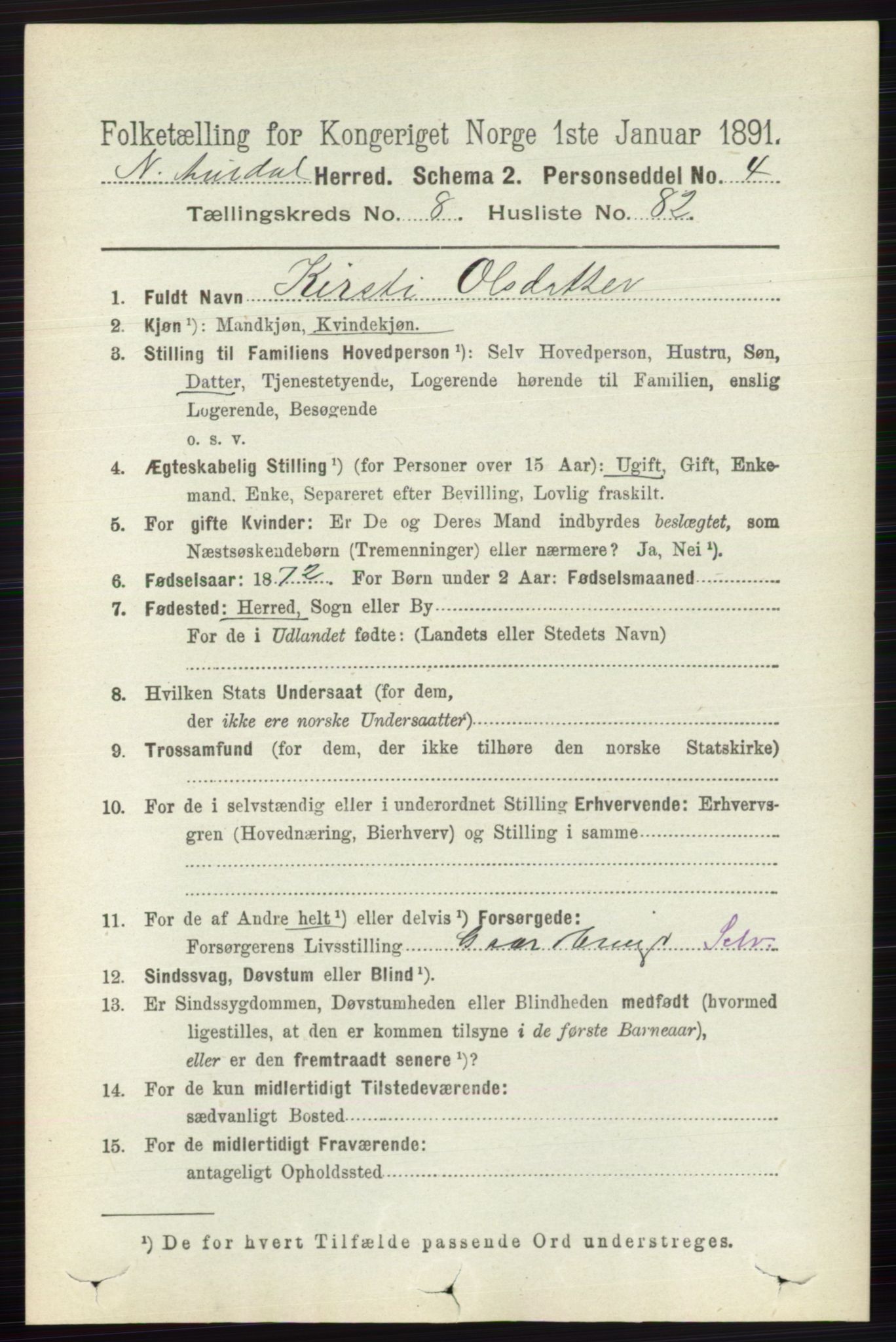 RA, 1891 census for 0542 Nord-Aurdal, 1891, p. 3284