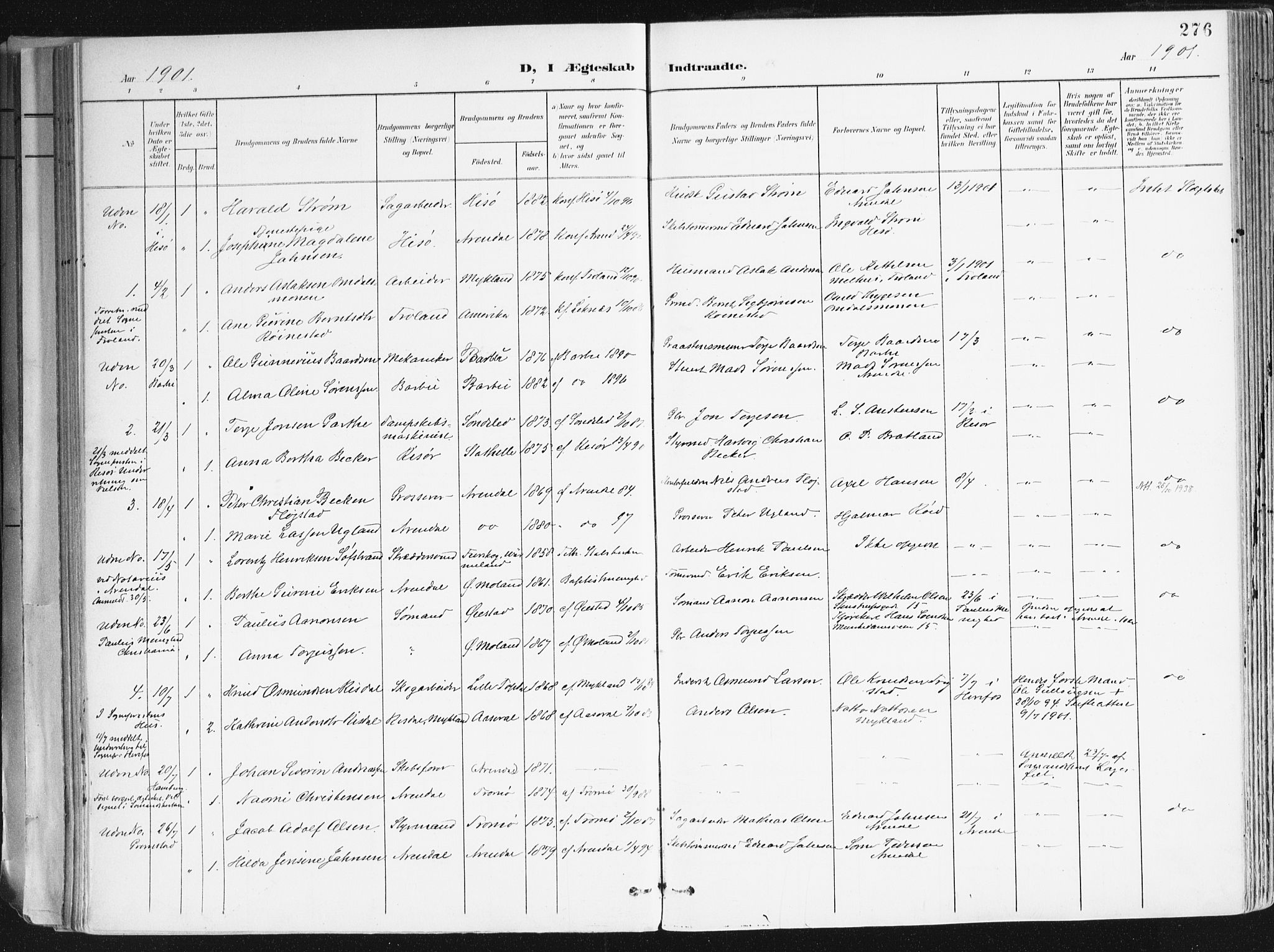 Arendal sokneprestkontor, Trefoldighet, SAK/1111-0040/F/Fa/L0010: Parish register (official) no. A 10, 1900-1919, p. 276