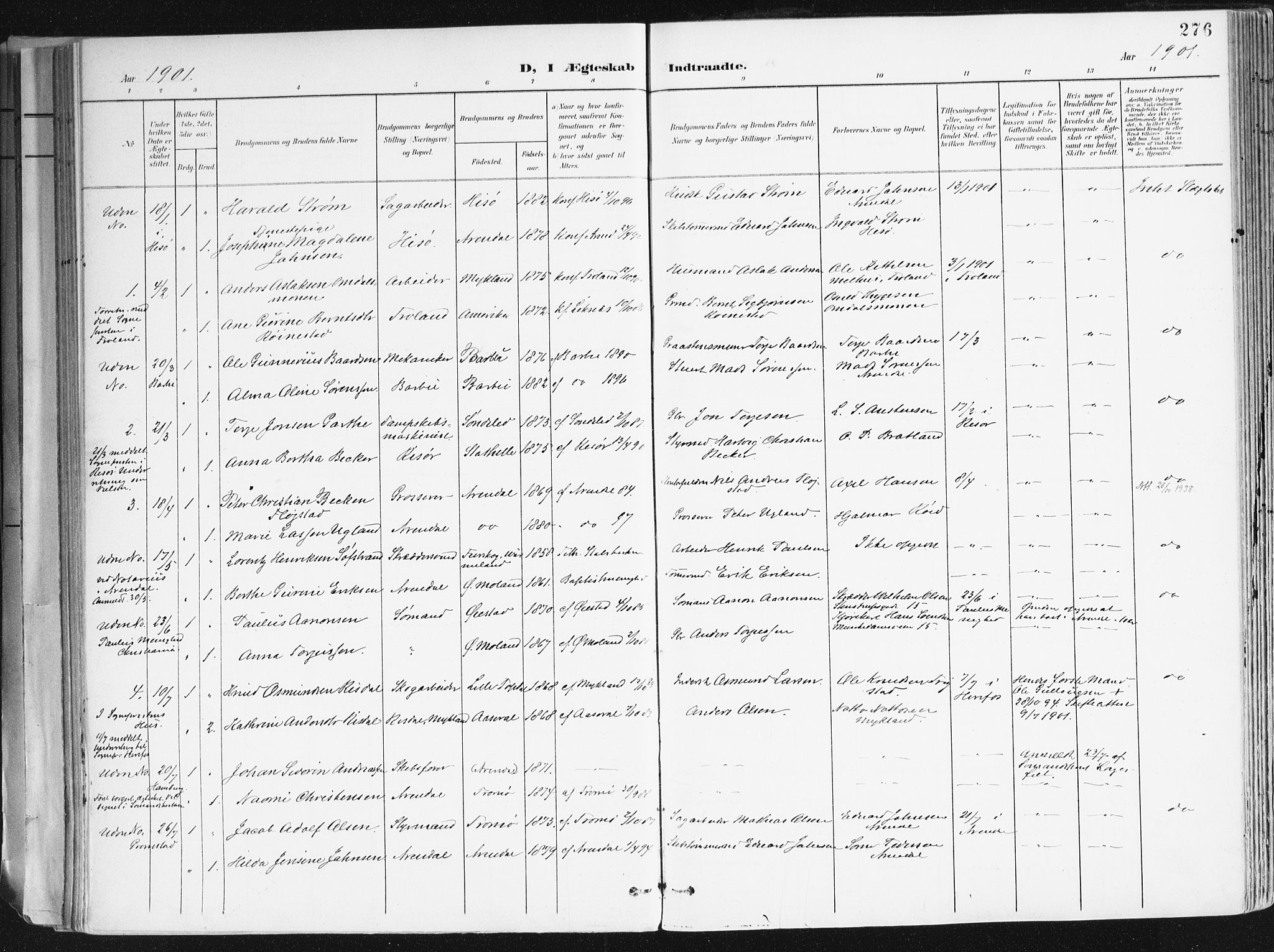 Arendal sokneprestkontor, Trefoldighet, AV/SAK-1111-0040/F/Fa/L0010: Parish register (official) no. A 10, 1900-1919, p. 276