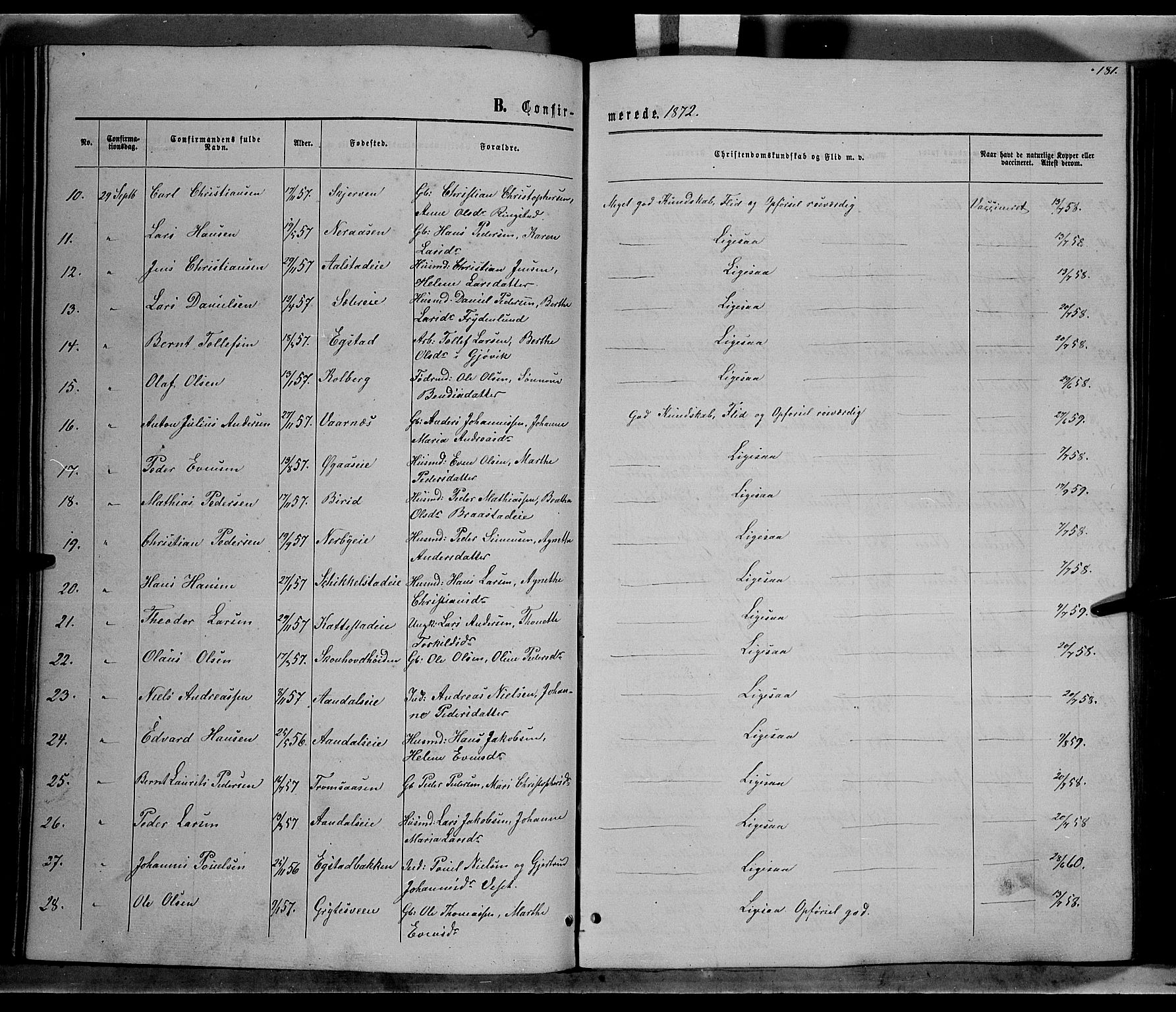 Vardal prestekontor, SAH/PREST-100/H/Ha/Hab/L0006: Parish register (copy) no. 6, 1869-1881, p. 181