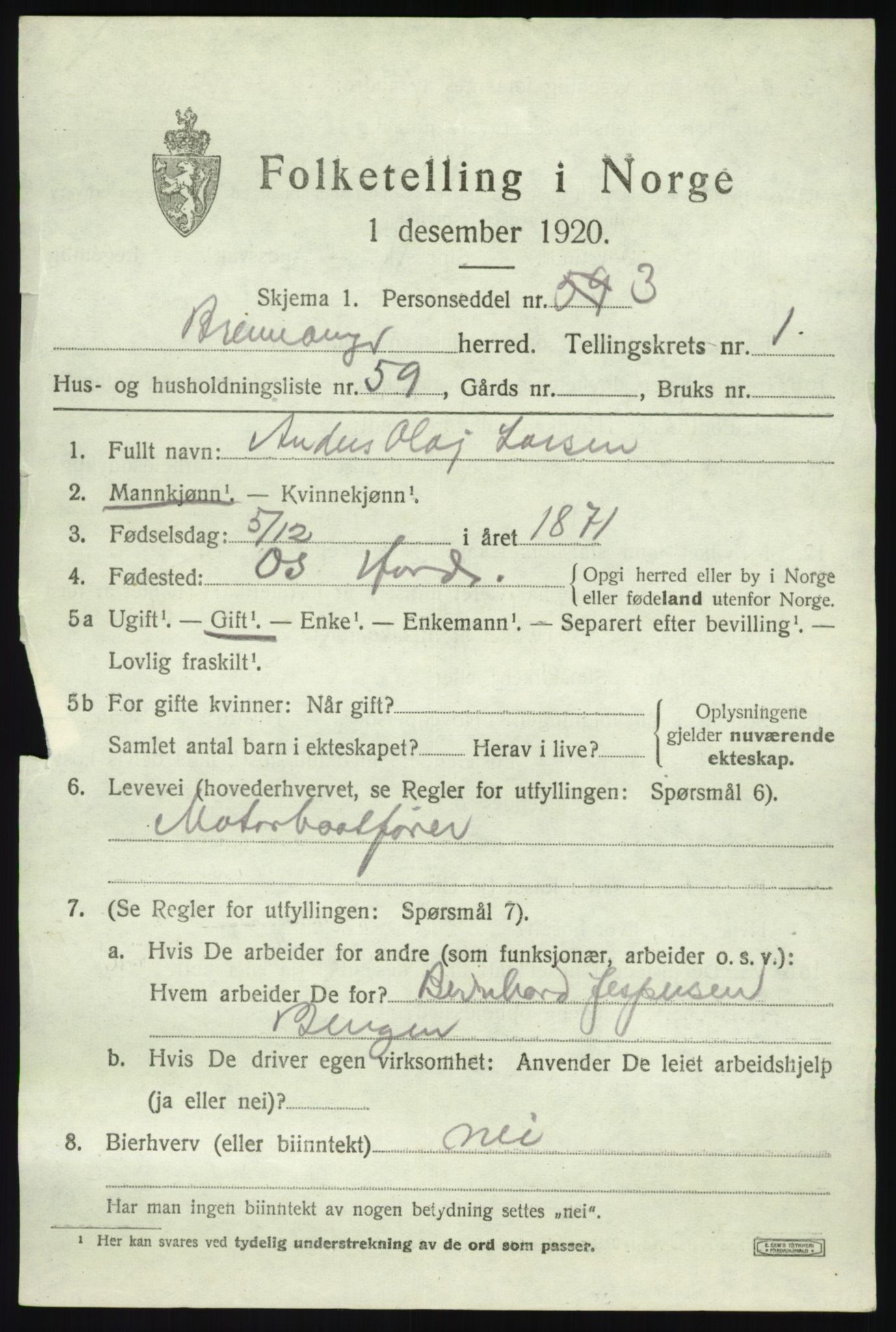 SAB, 1920 census for Bremanger, 1920, p. 1736