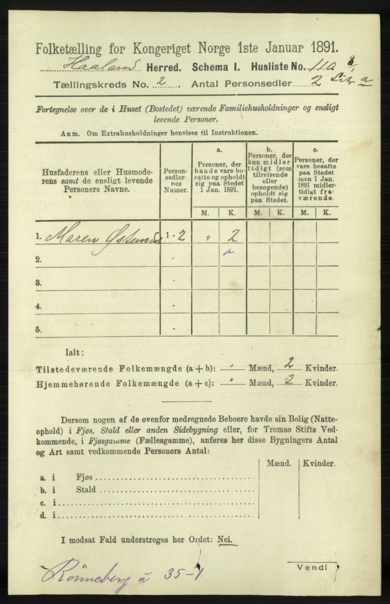 RA, 1891 census for 1124 Haaland, 1891, p. 975