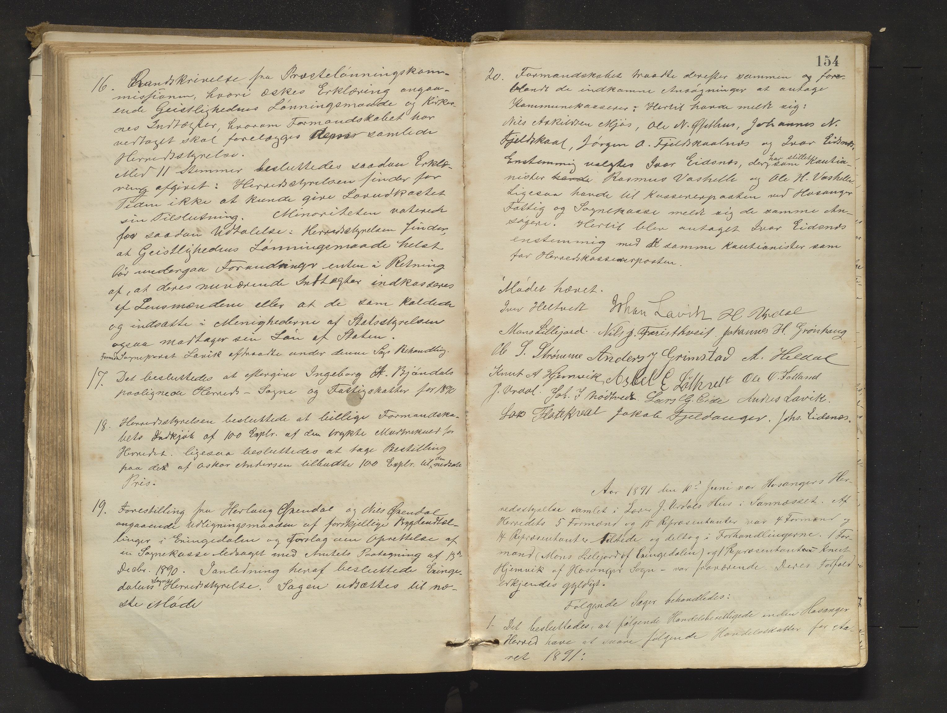 Hosanger kommune. Formannskapet, IKAH/1253a-021/A/Aa/L0003: Møtebok for Hosanger formannskap, heradsstyre og Hosanger soknestyre, 1881-1893, p. 154