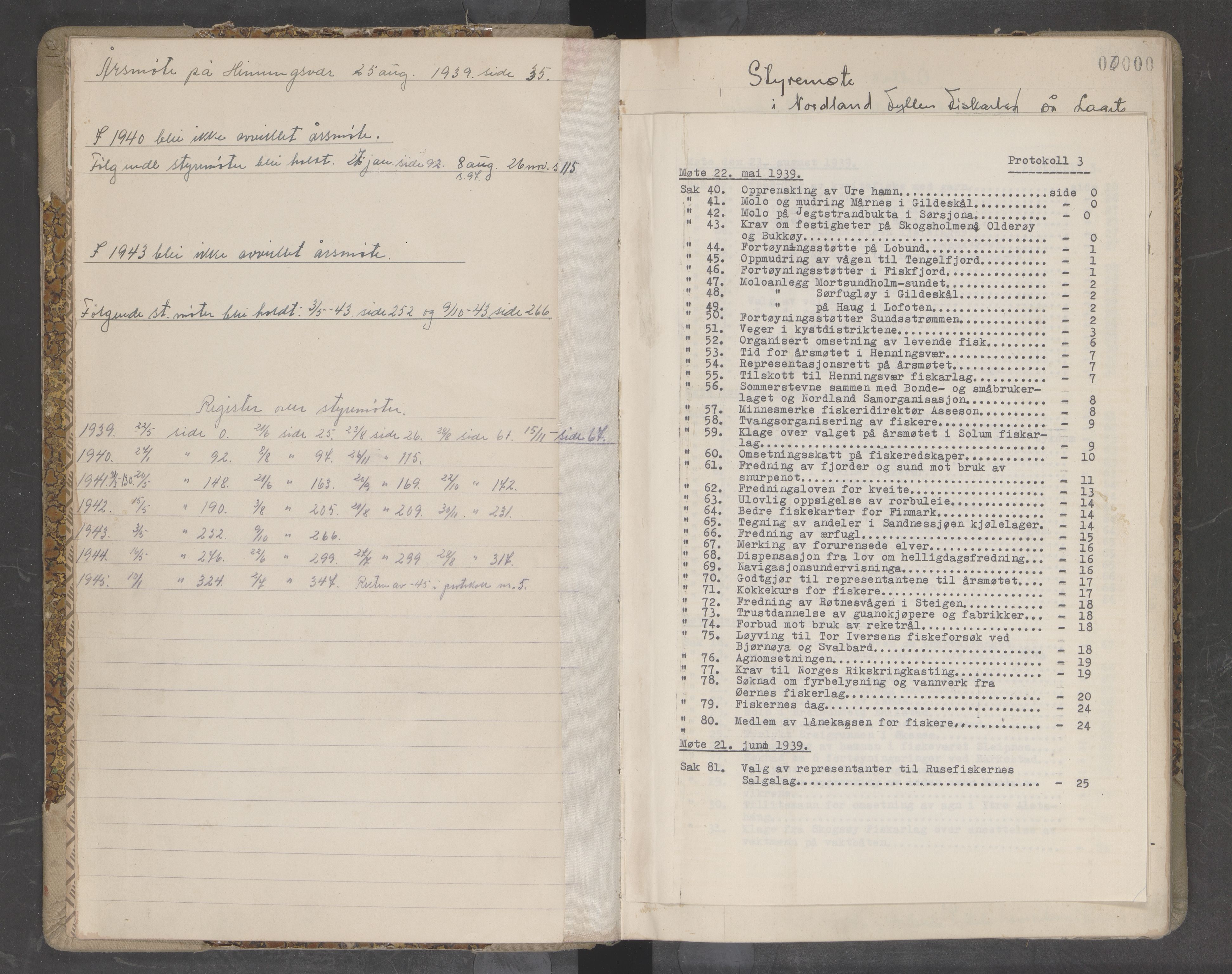 Nordland Fylkes Fiskarlag, AIN/NA024/100/L0003: Styre- og årsmøteprotokoll for Nordland Fylkes Fiskarlag, 1939-1945