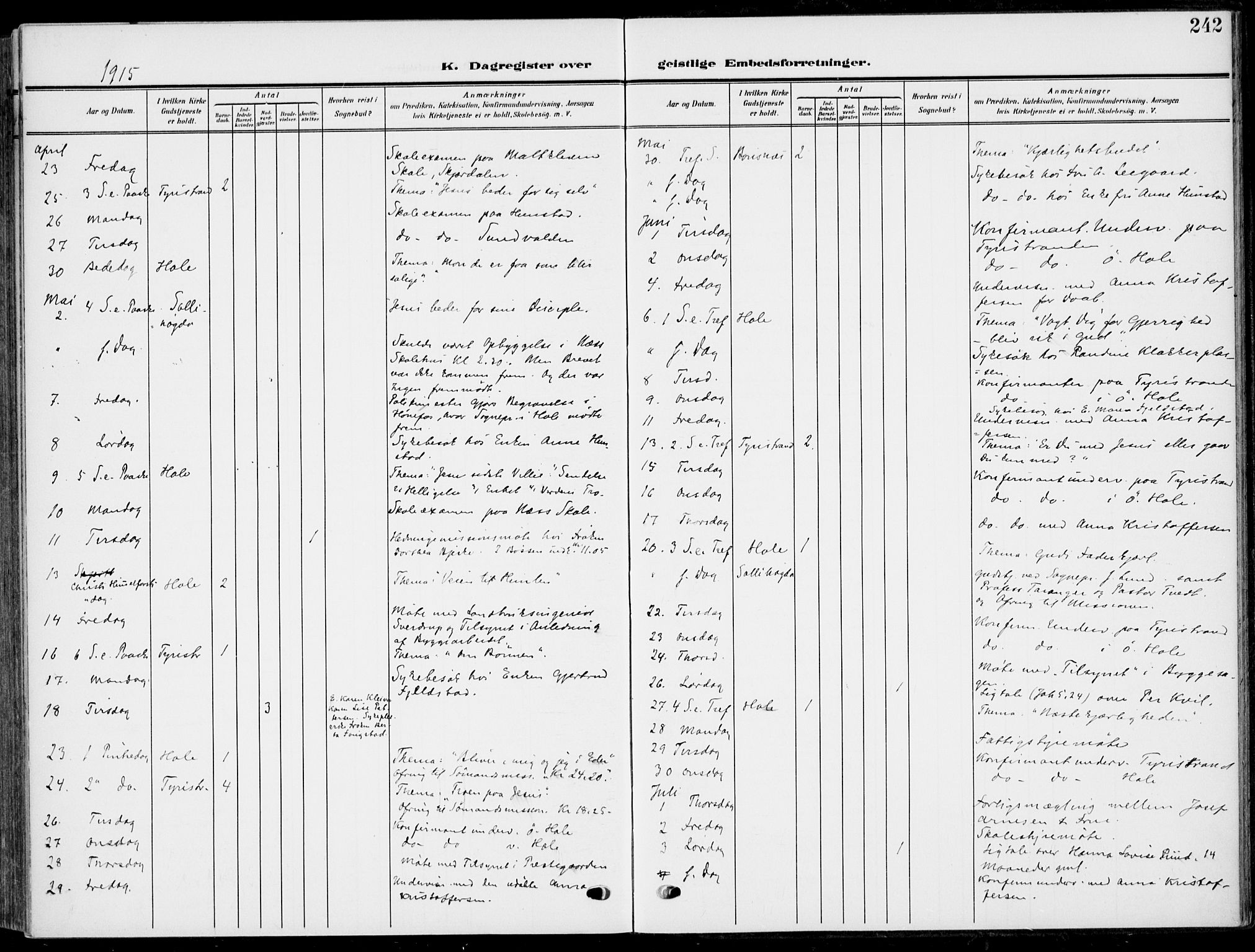 Hole kirkebøker, AV/SAKO-A-228/F/Fa/L0010: Parish register (official) no. I 10, 1907-1917, p. 242