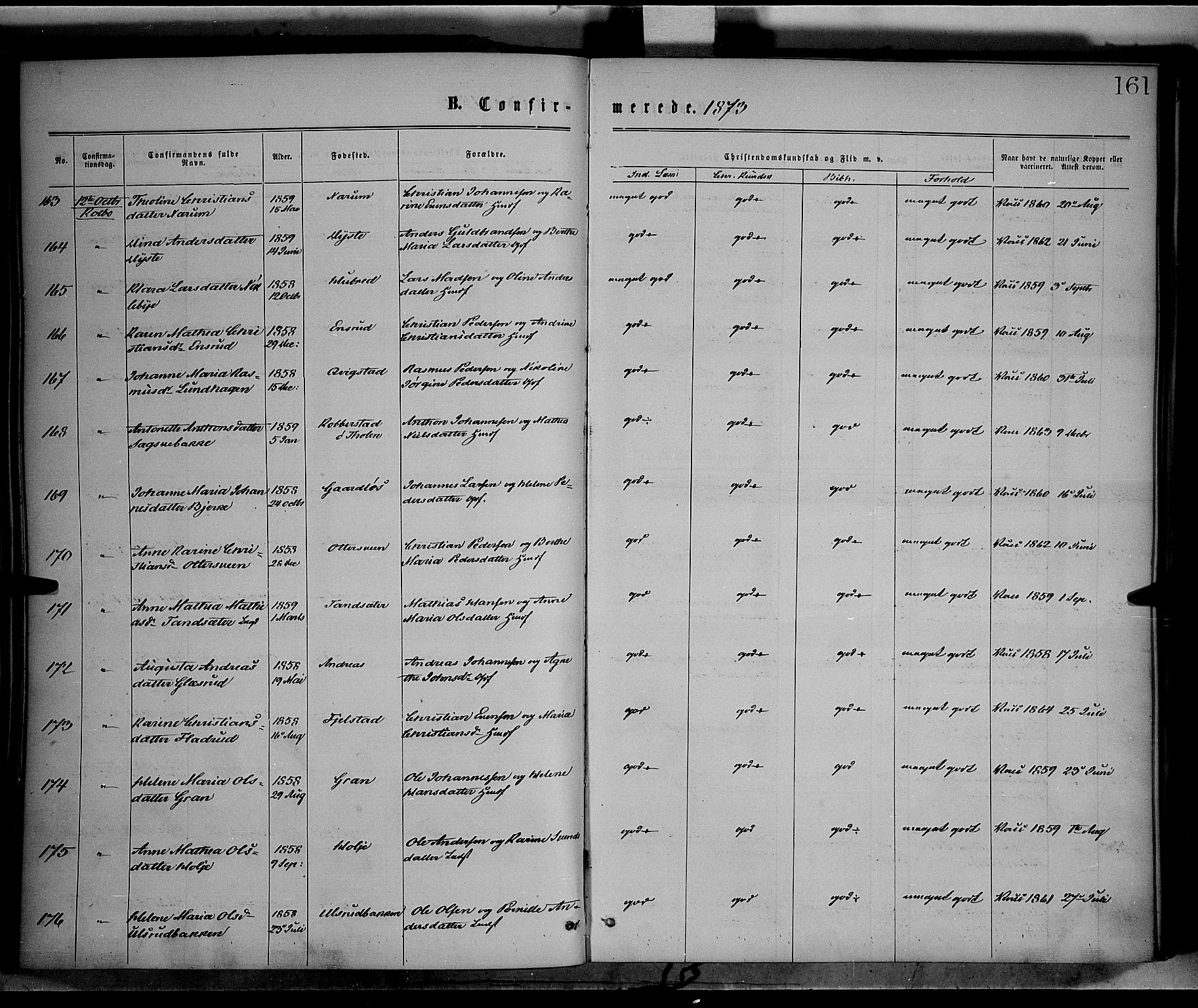 Vestre Toten prestekontor, SAH/PREST-108/H/Ha/Haa/L0008: Parish register (official) no. 8, 1870-1877, p. 161