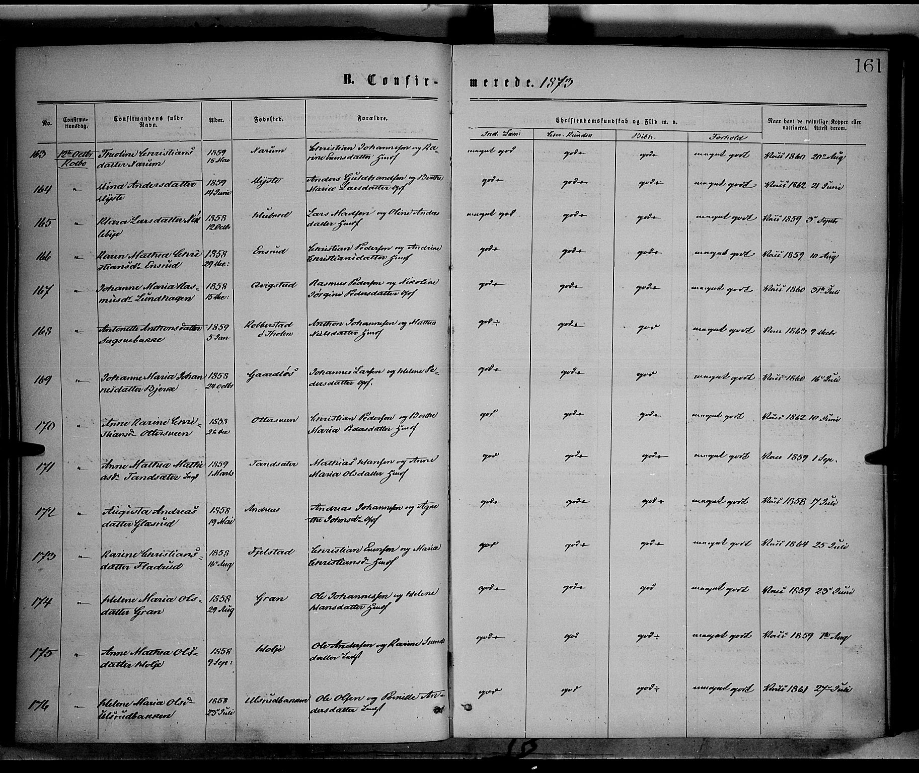 Vestre Toten prestekontor, AV/SAH-PREST-108/H/Ha/Haa/L0008: Parish register (official) no. 8, 1870-1877, p. 161