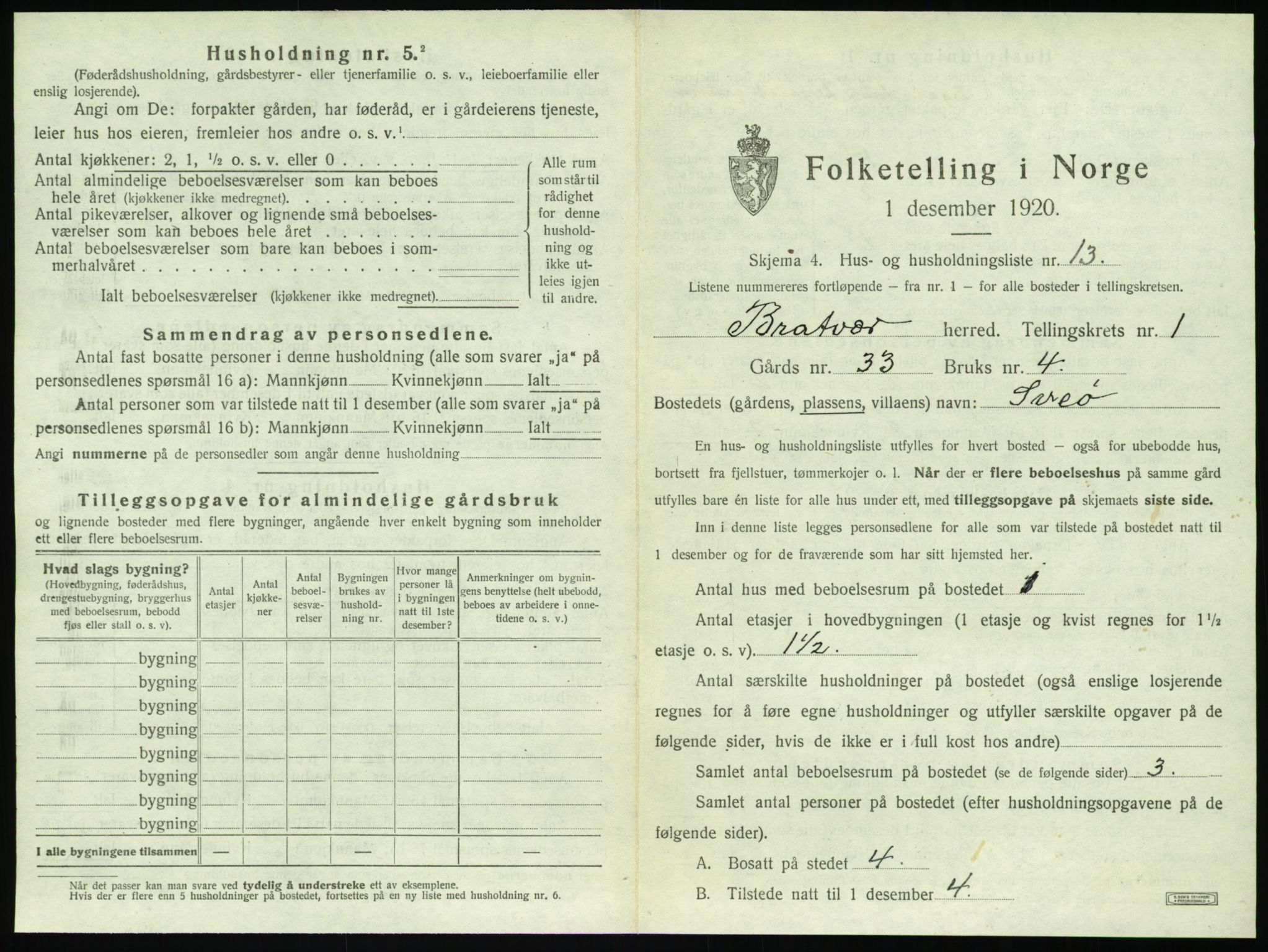 SAT, 1920 census for Brattvær, 1920, p. 54